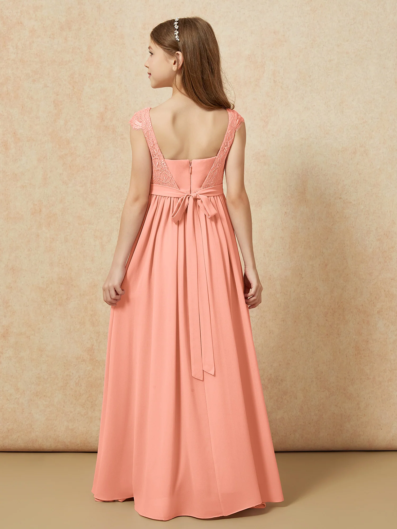Cap Sleeve Lace Chiffon Junior Bridesmaid Dresses Papaya - Image 2