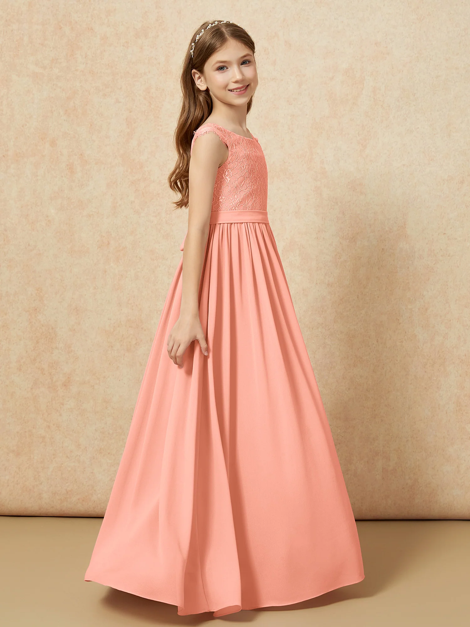 Cap Sleeve Lace Chiffon Junior Bridesmaid Dresses Papaya - Image 3