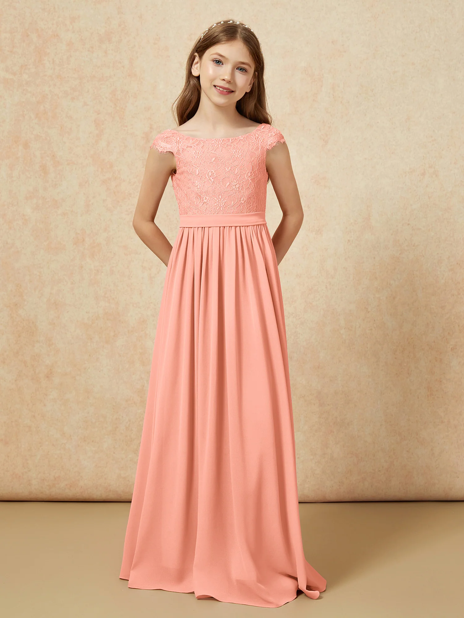 Cap Sleeve Lace Chiffon Junior Bridesmaid Dresses Papaya - Image 4