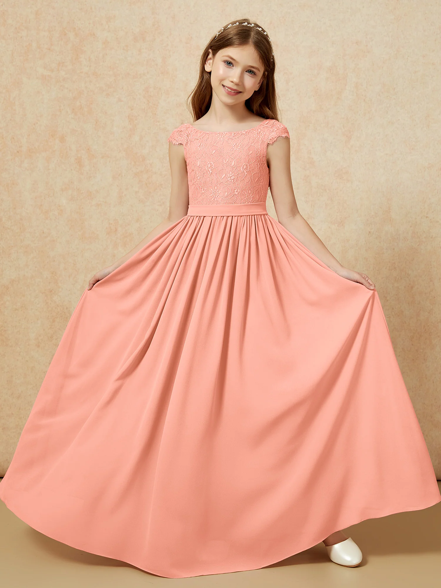 Cap Sleeve Lace Chiffon Junior Bridesmaid Dresses Papaya - Image 5