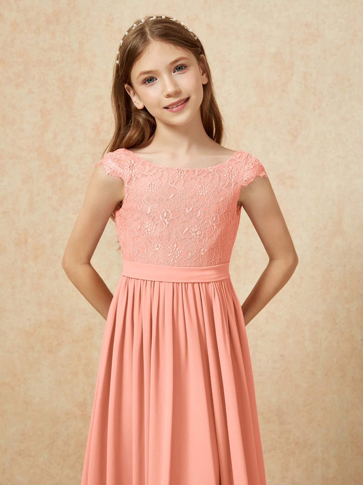 Cap Sleeve Lace Chiffon Junior Bridesmaid Dresses Papaya - Image 6