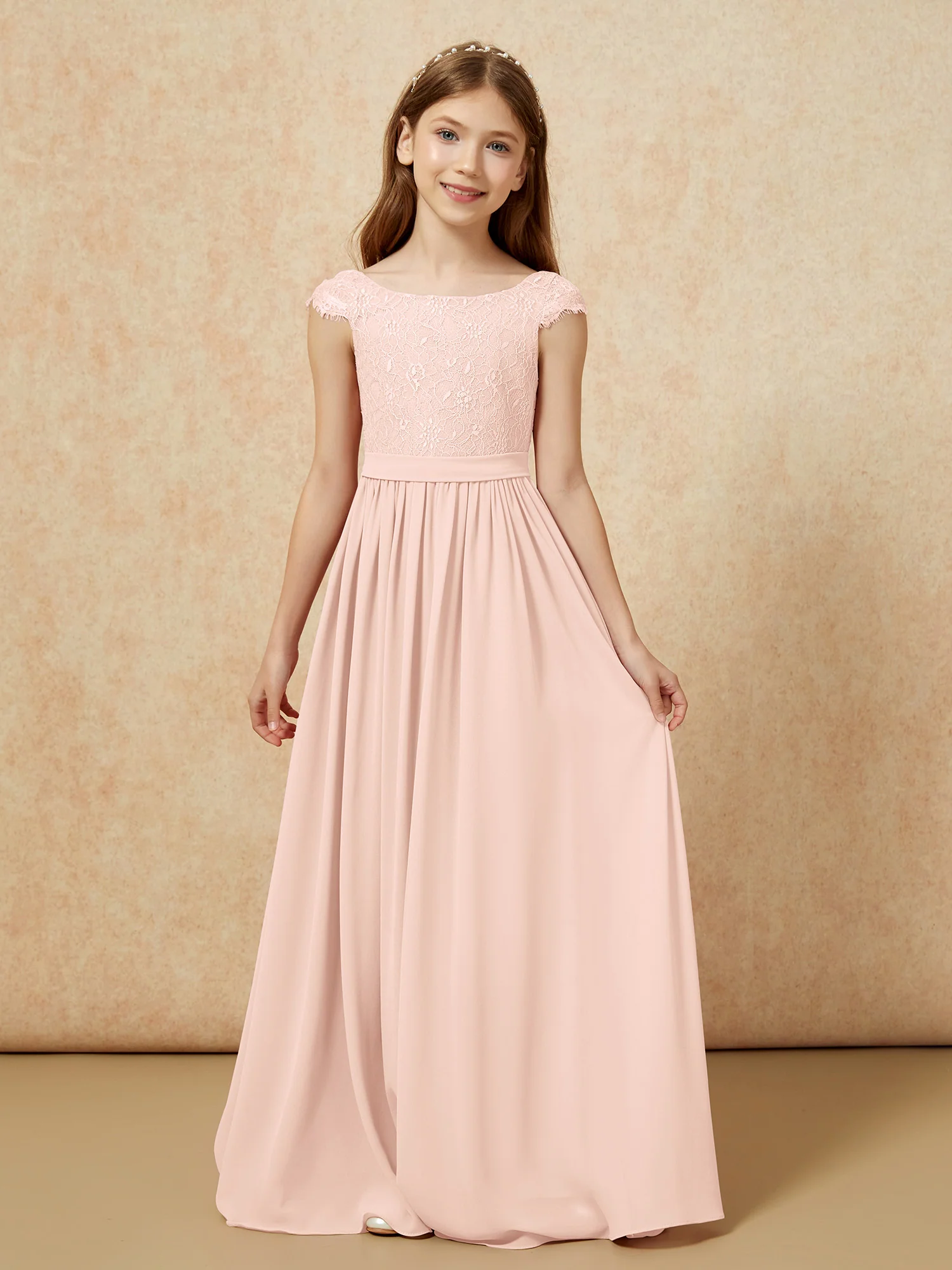 Cap Sleeve Lace Chiffon Junior Bridesmaid Dresses Pearl Pink