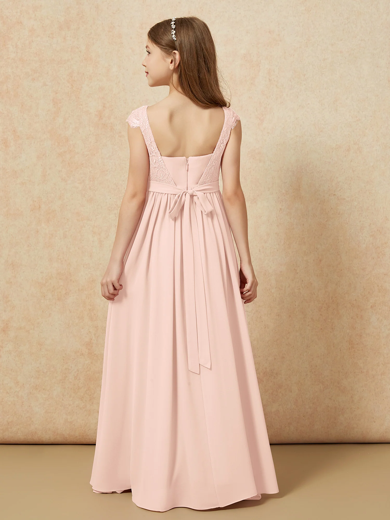 Cap Sleeve Lace Chiffon Junior Bridesmaid Dresses Pearl Pink - Image 2