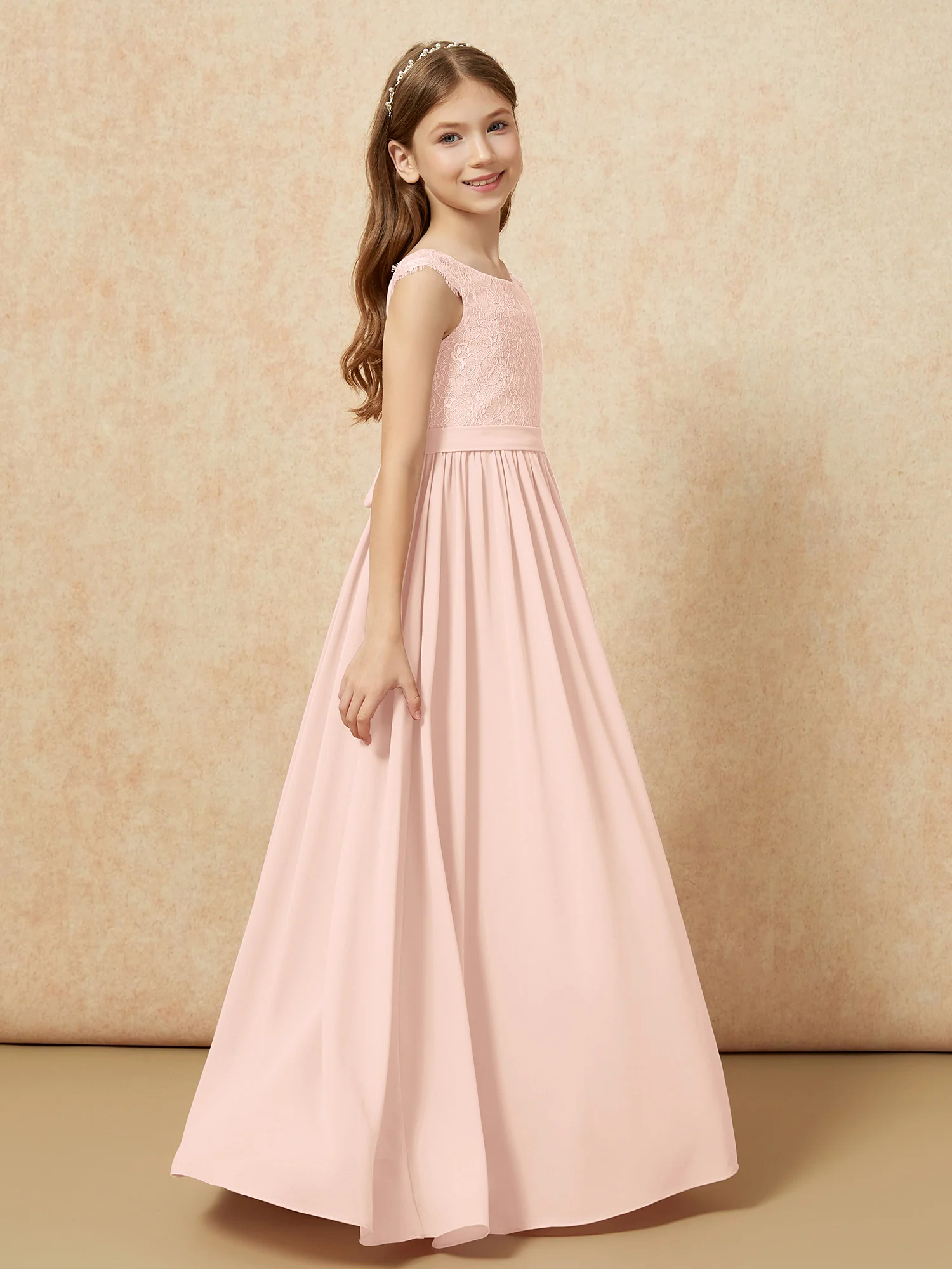Cap Sleeve Lace Chiffon Junior Bridesmaid Dresses Pearl Pink - Image 3