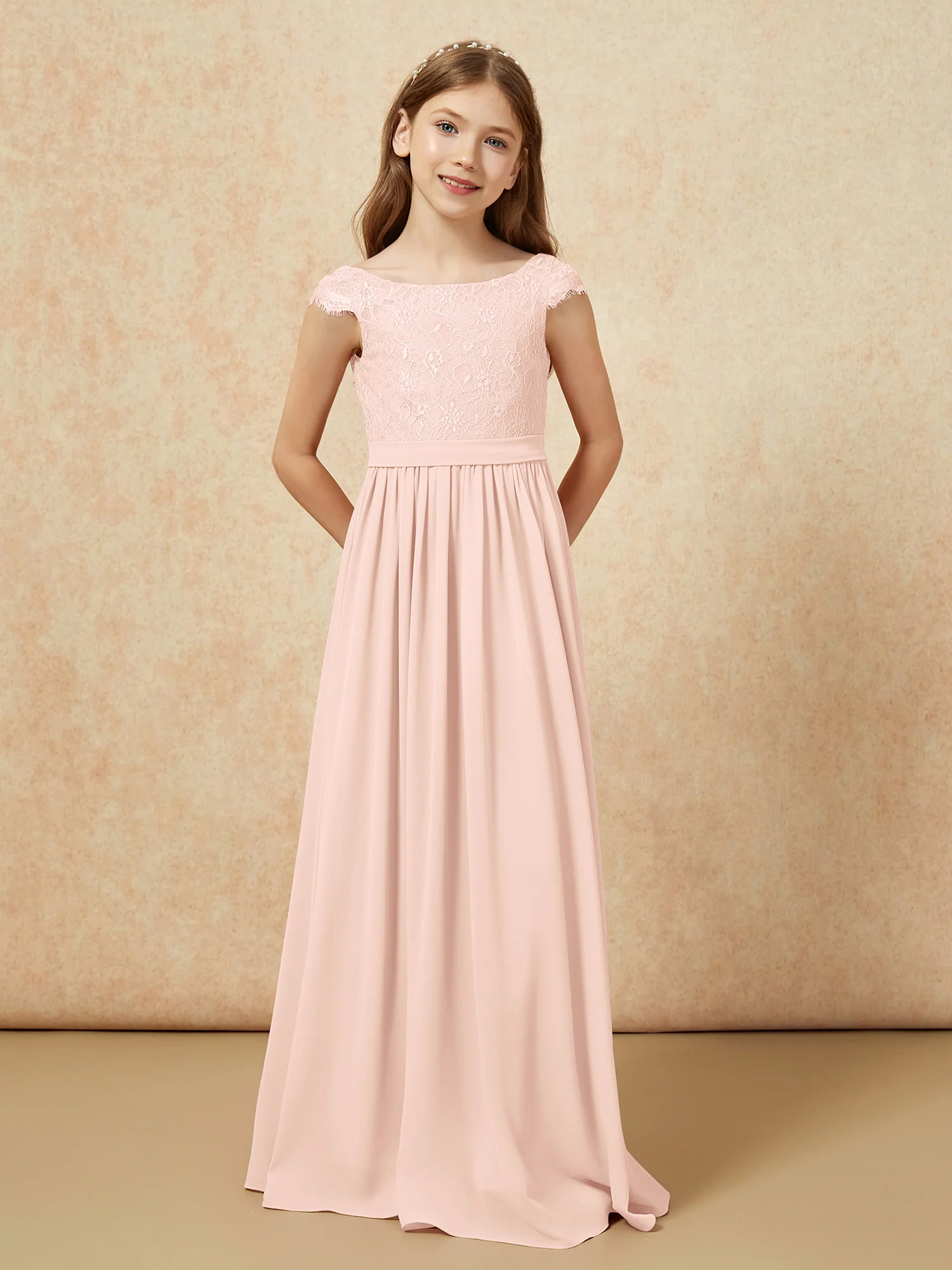 Cap Sleeve Lace Chiffon Junior Bridesmaid Dresses Pearl Pink - Image 4