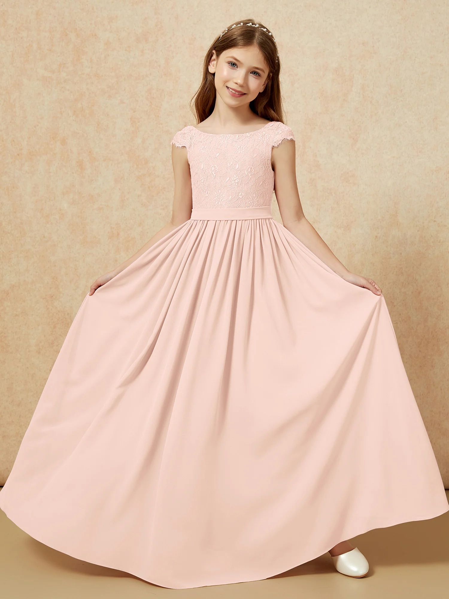 Cap Sleeve Lace Chiffon Junior Bridesmaid Dresses Pearl Pink - Image 5