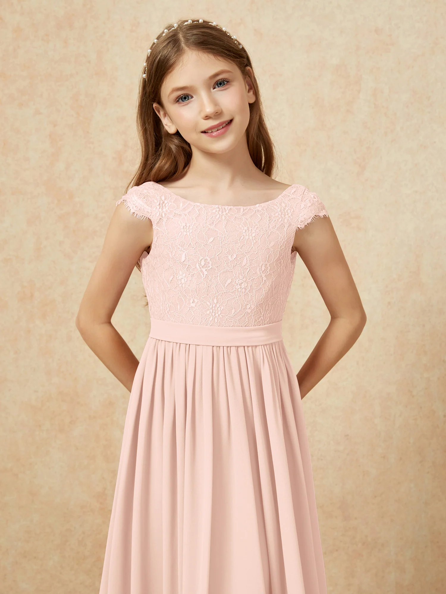 Cap Sleeve Lace Chiffon Junior Bridesmaid Dresses Pearl Pink - Image 6