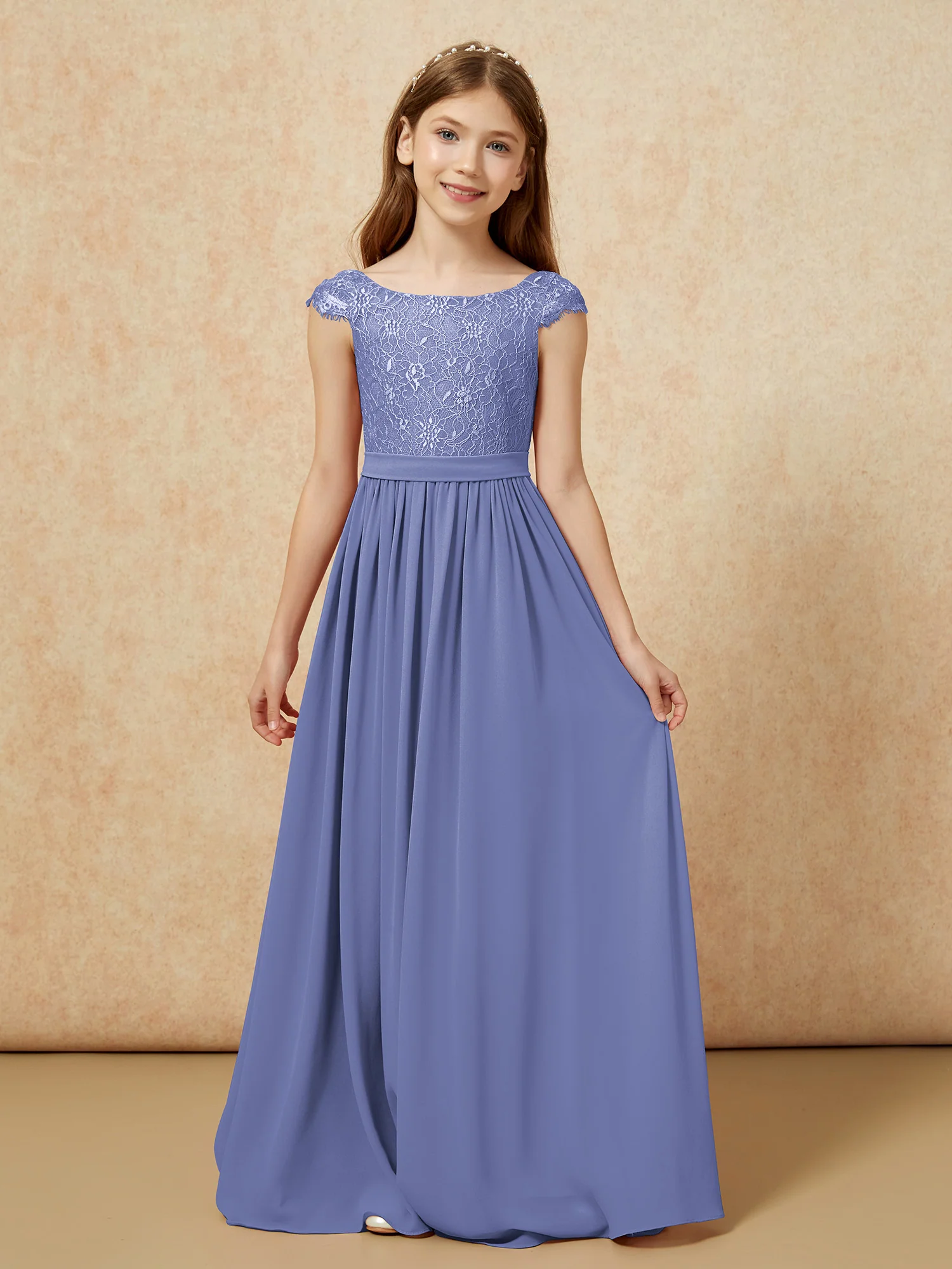 Cap Sleeve Lace Chiffon Junior Bridesmaid Dresses Periwinkle