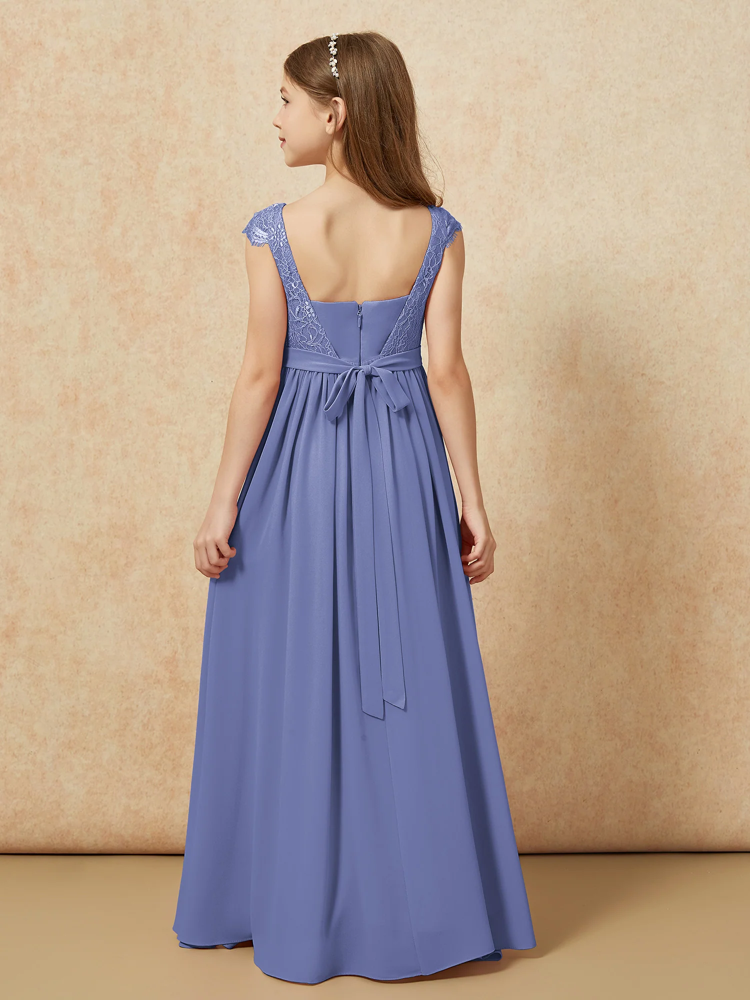 Cap Sleeve Lace Chiffon Junior Bridesmaid Dresses Periwinkle - Image 2