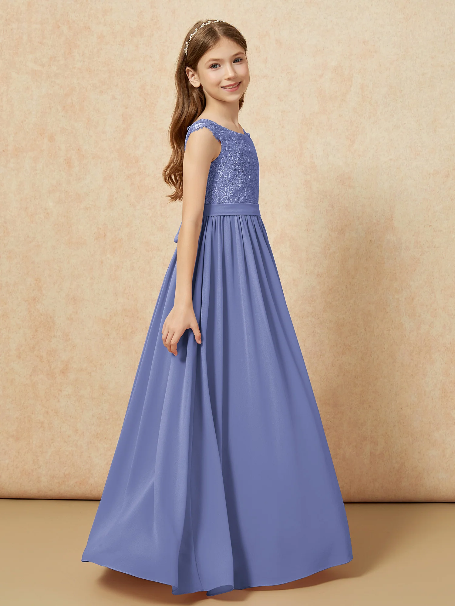 Cap Sleeve Lace Chiffon Junior Bridesmaid Dresses Periwinkle - Image 3