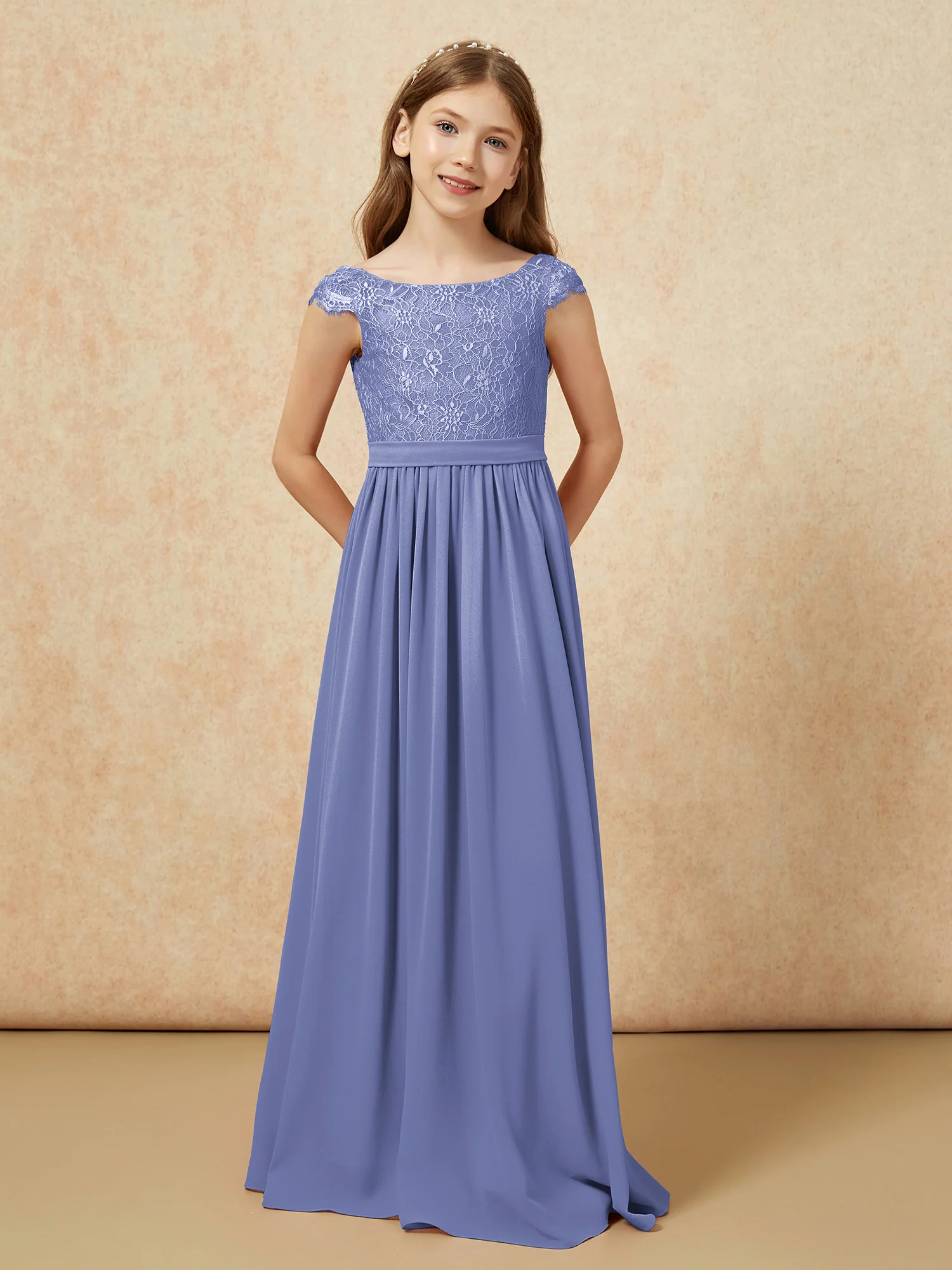 Cap Sleeve Lace Chiffon Junior Bridesmaid Dresses Periwinkle - Image 4
