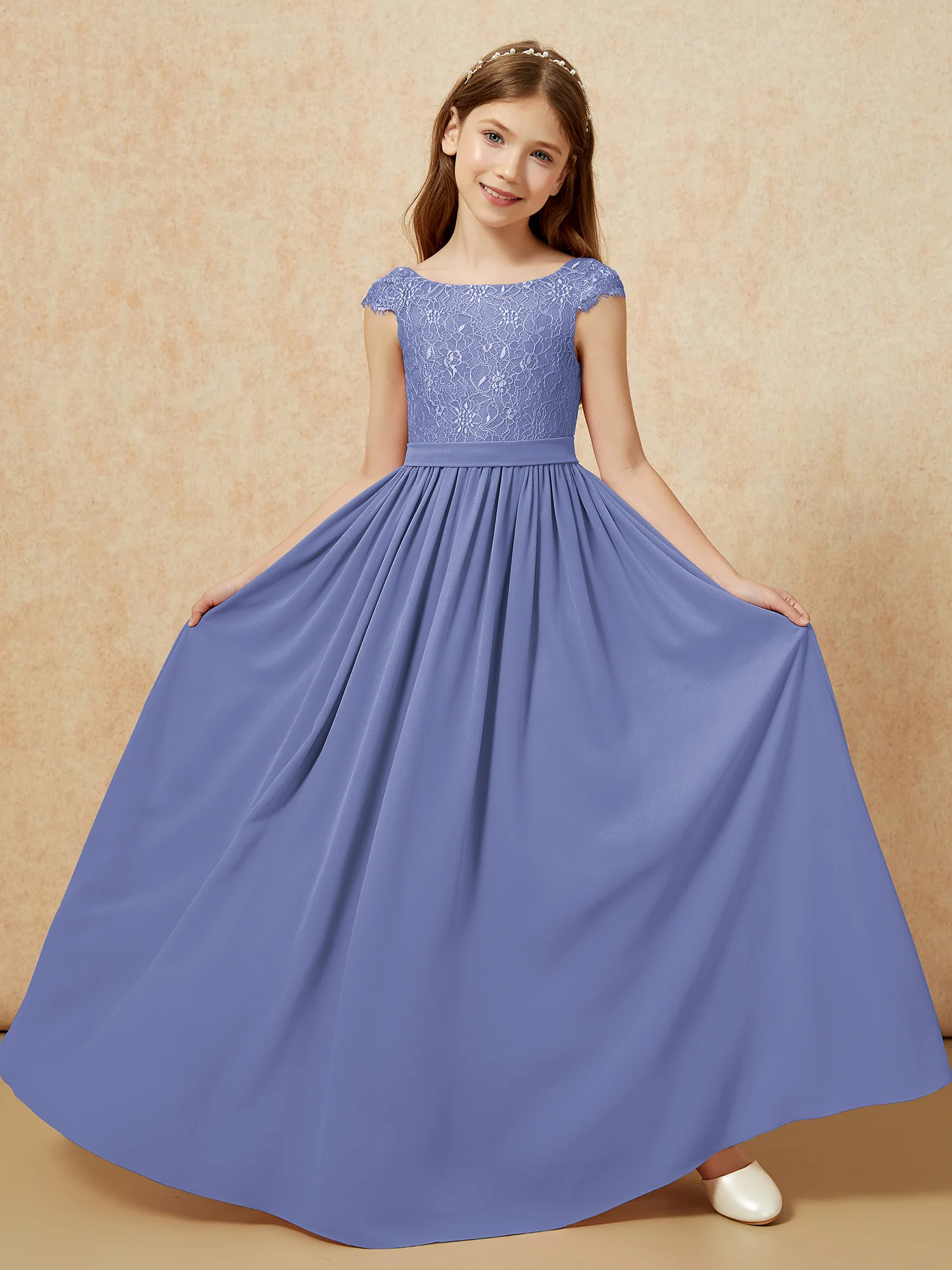 Cap Sleeve Lace Chiffon Junior Bridesmaid Dresses Periwinkle - Image 5