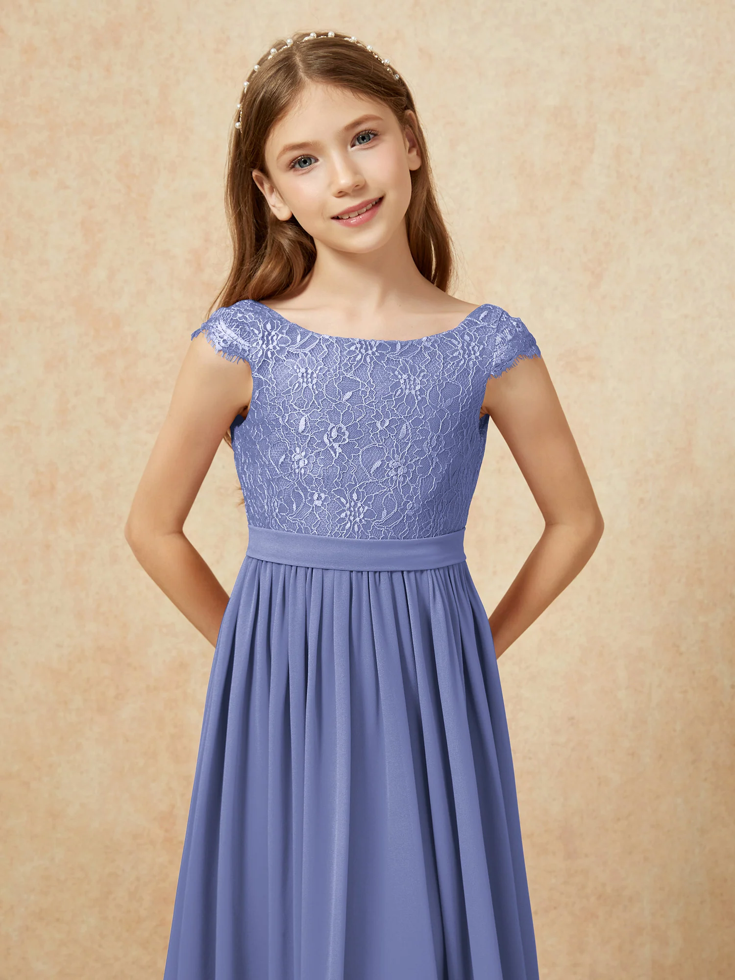 Cap Sleeve Lace Chiffon Junior Bridesmaid Dresses Periwinkle - Image 6