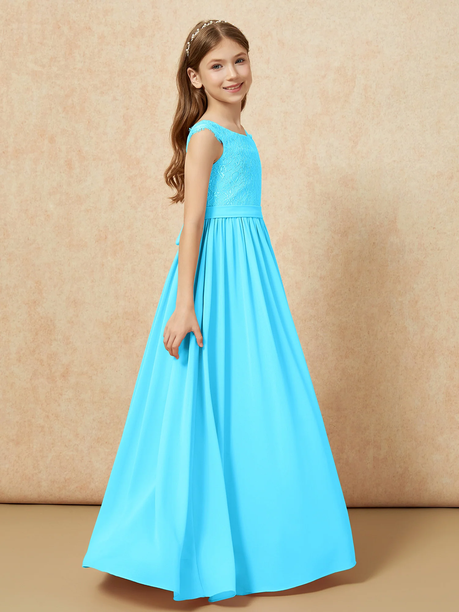 Cap Sleeve Lace Chiffon Junior Bridesmaid Dresses Pool - Image 3