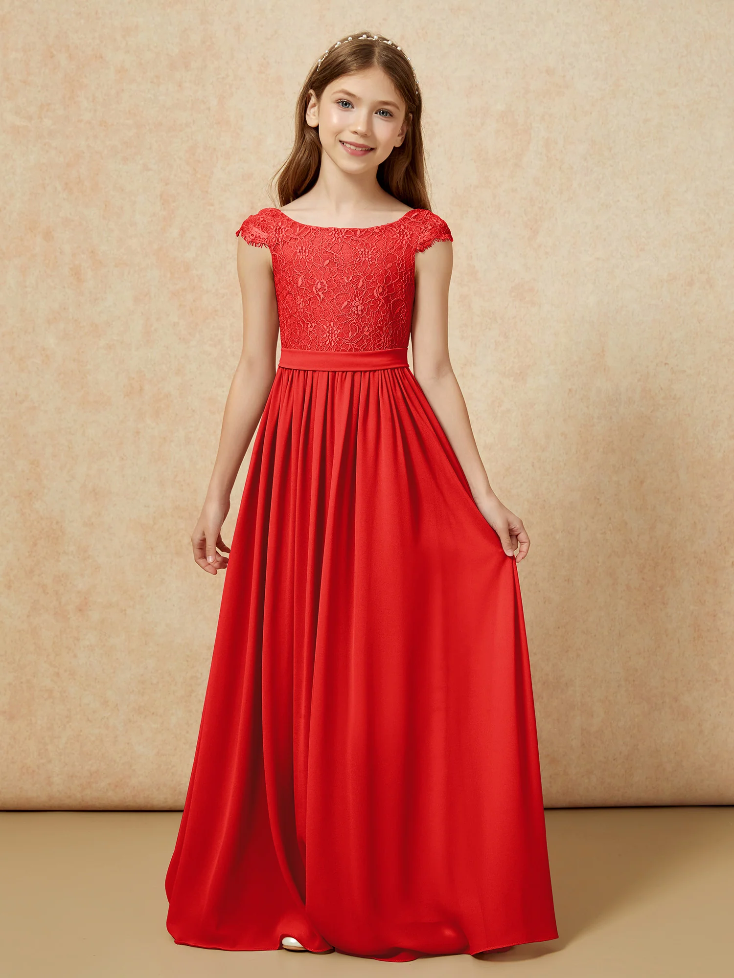 Cap Sleeve Lace Chiffon Junior Bridesmaid Dresses Red