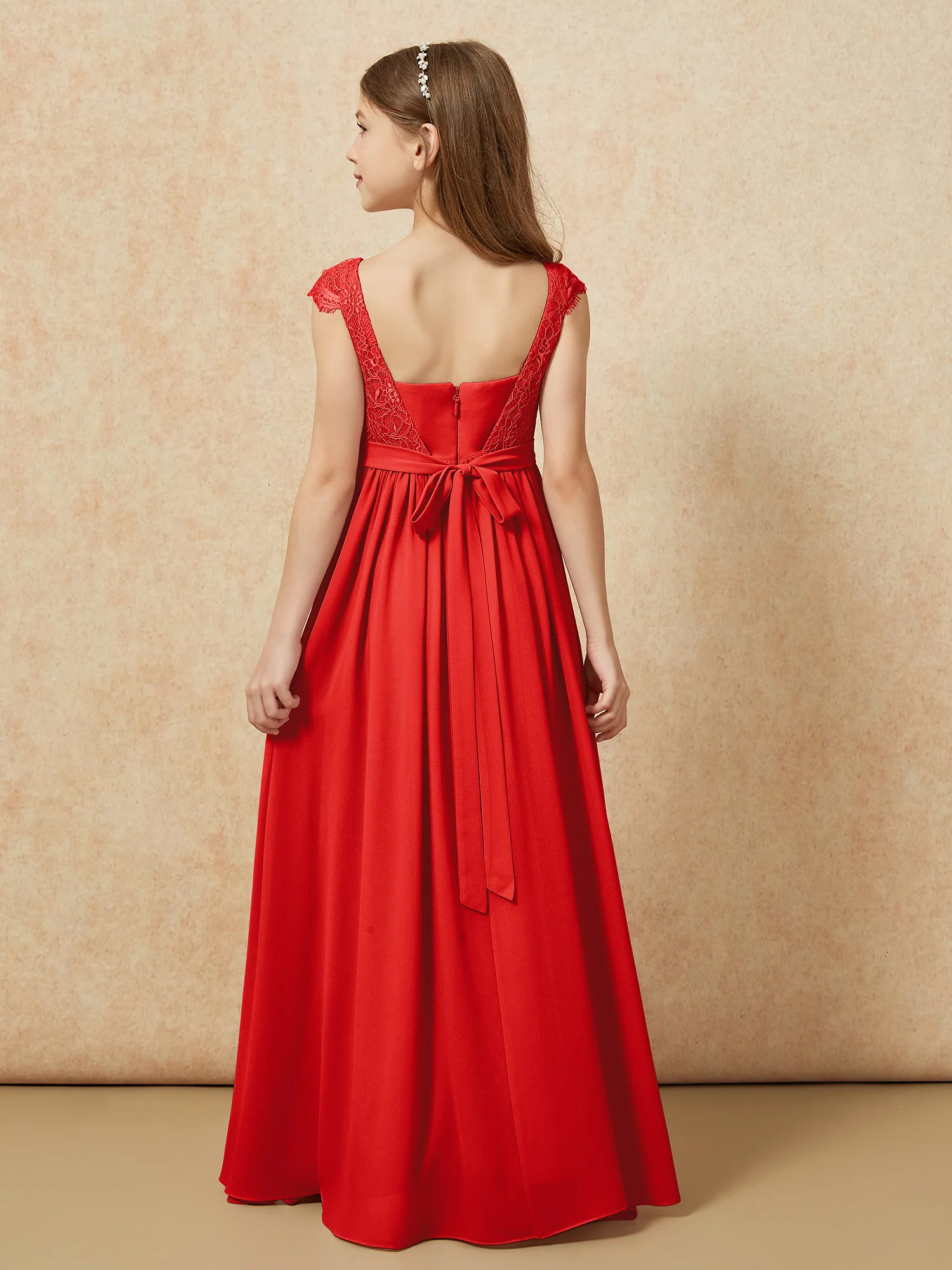 Cap Sleeve Lace Chiffon Junior Bridesmaid Dresses Red - Image 2