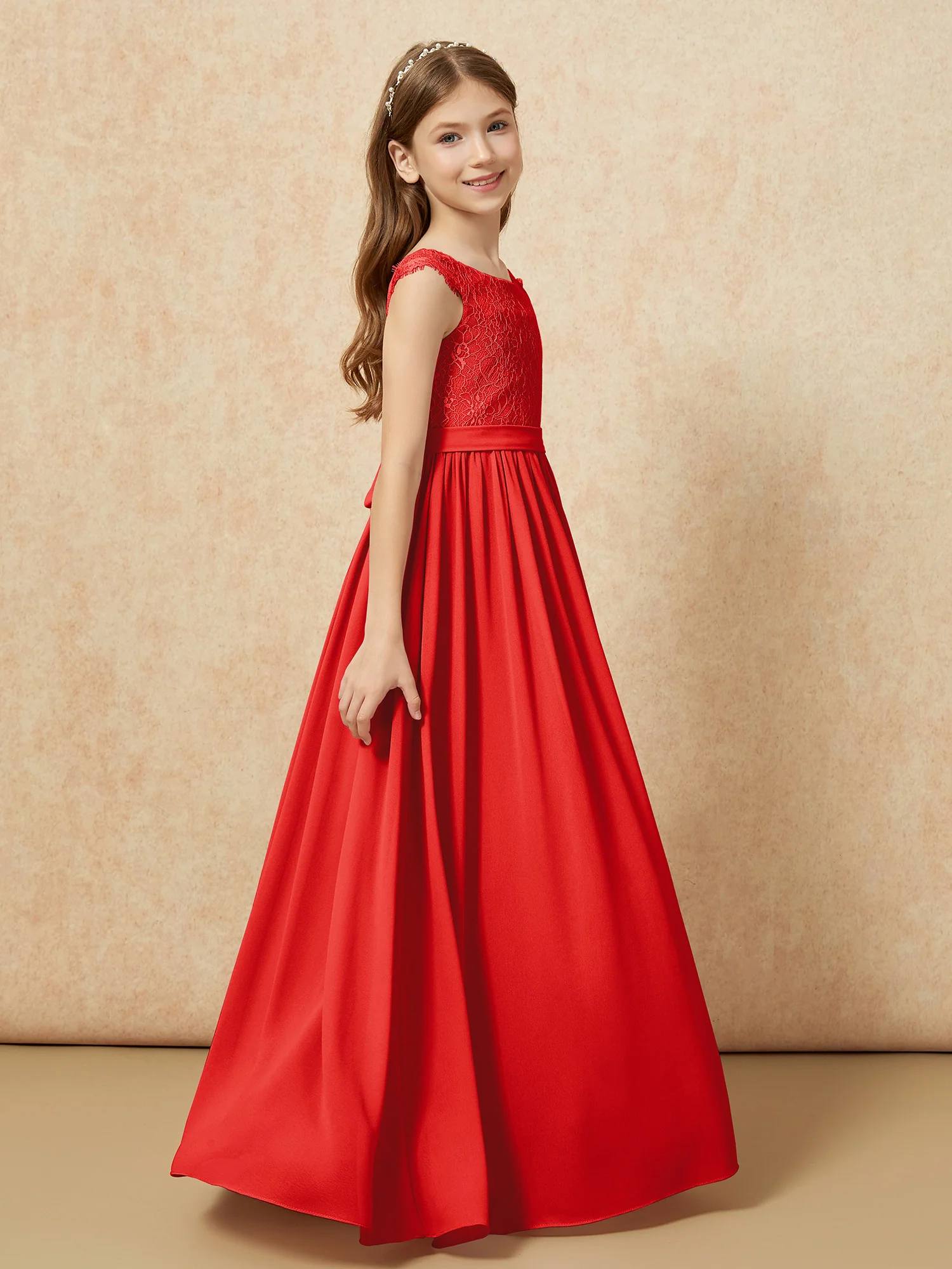 Cap Sleeve Lace Chiffon Junior Bridesmaid Dresses Red - Image 3