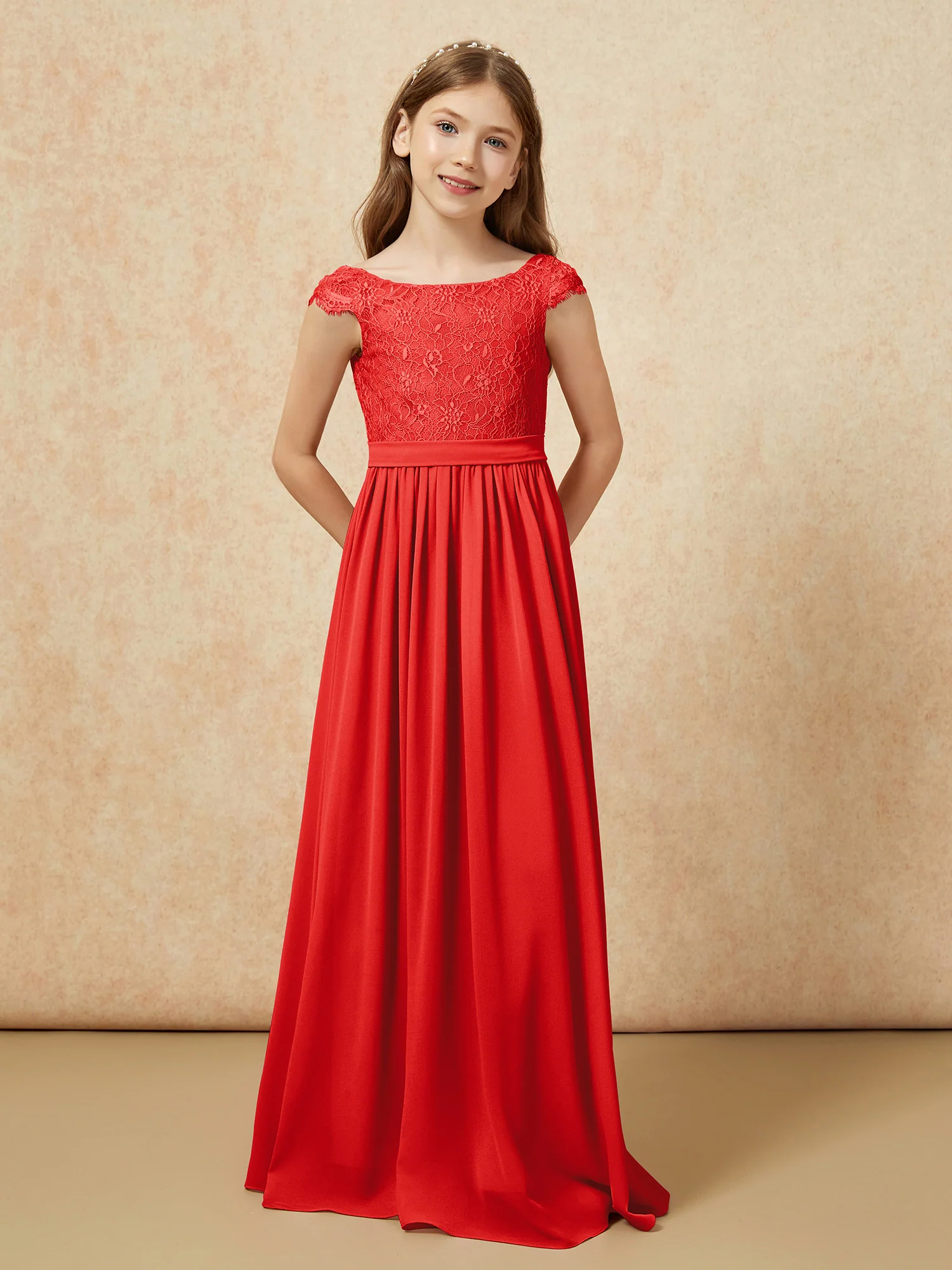 Cap Sleeve Lace Chiffon Junior Bridesmaid Dresses Red - Image 4