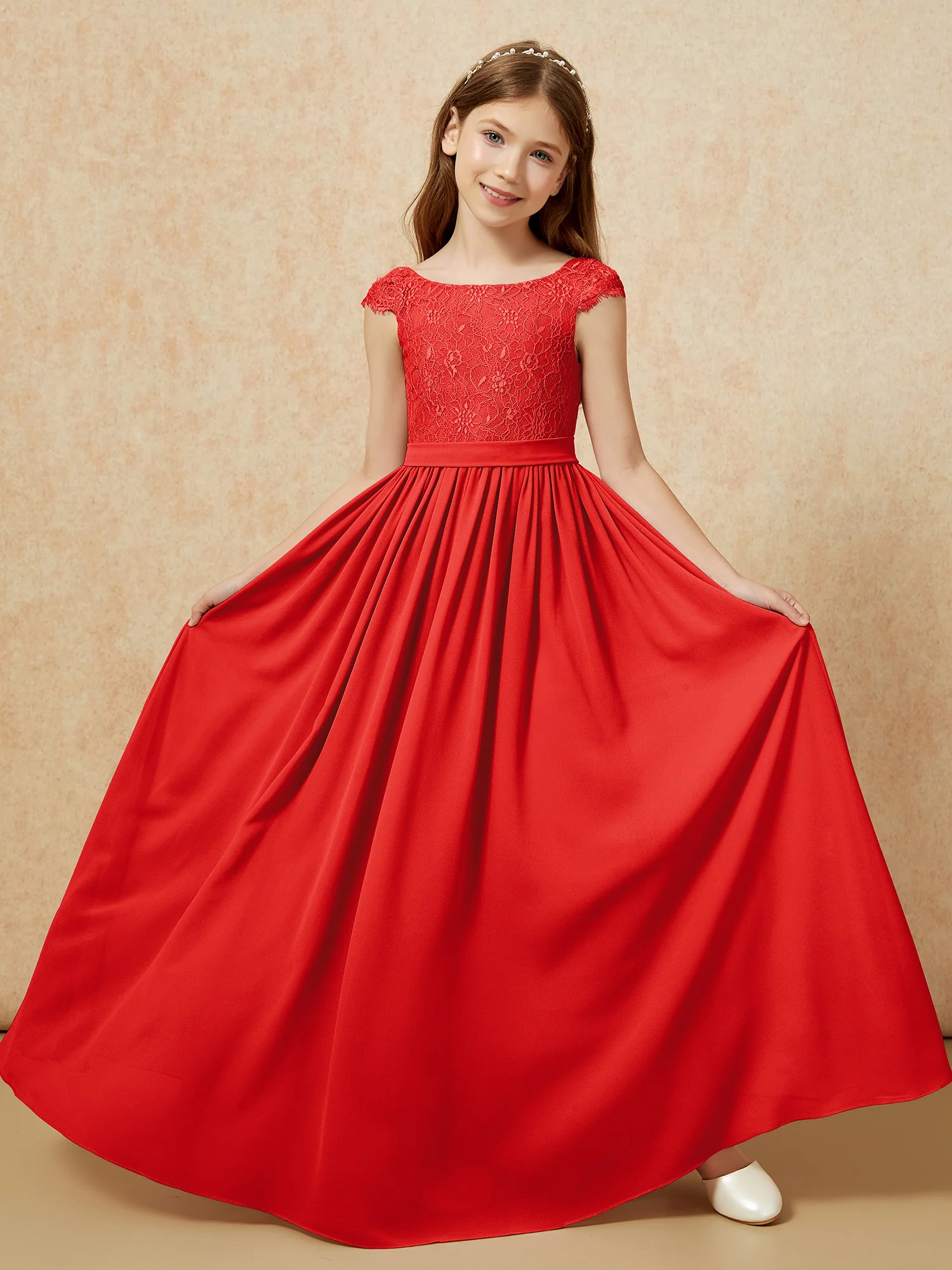 Cap Sleeve Lace Chiffon Junior Bridesmaid Dresses Red - Image 5
