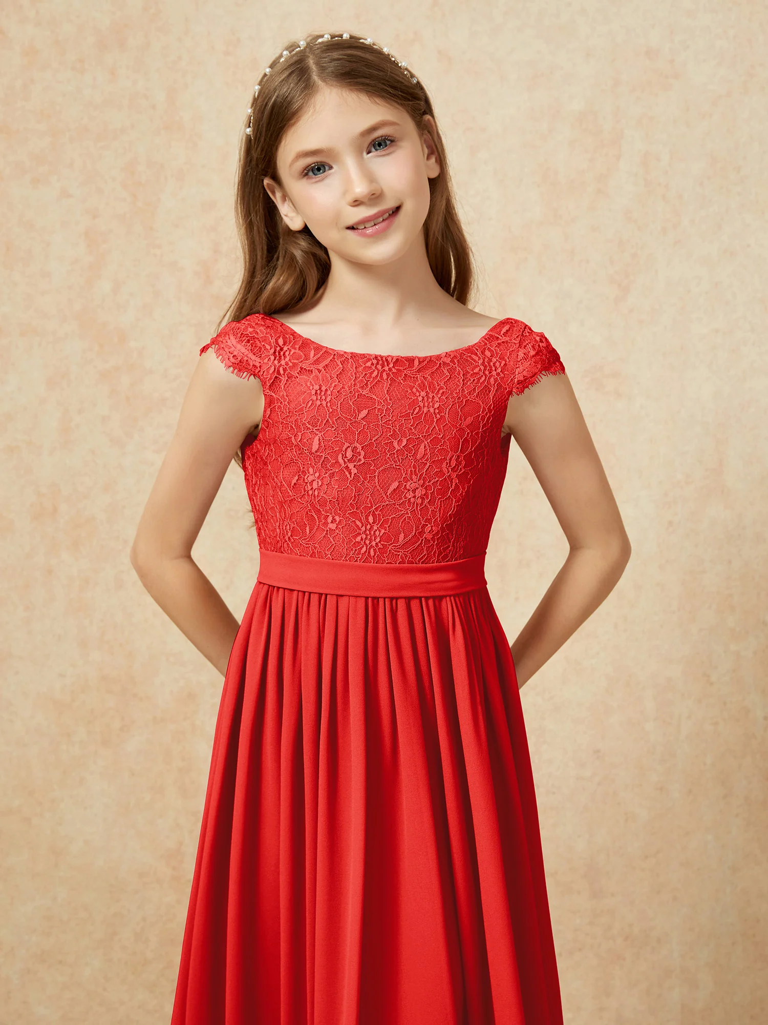 Cap Sleeve Lace Chiffon Junior Bridesmaid Dresses Red - Image 6