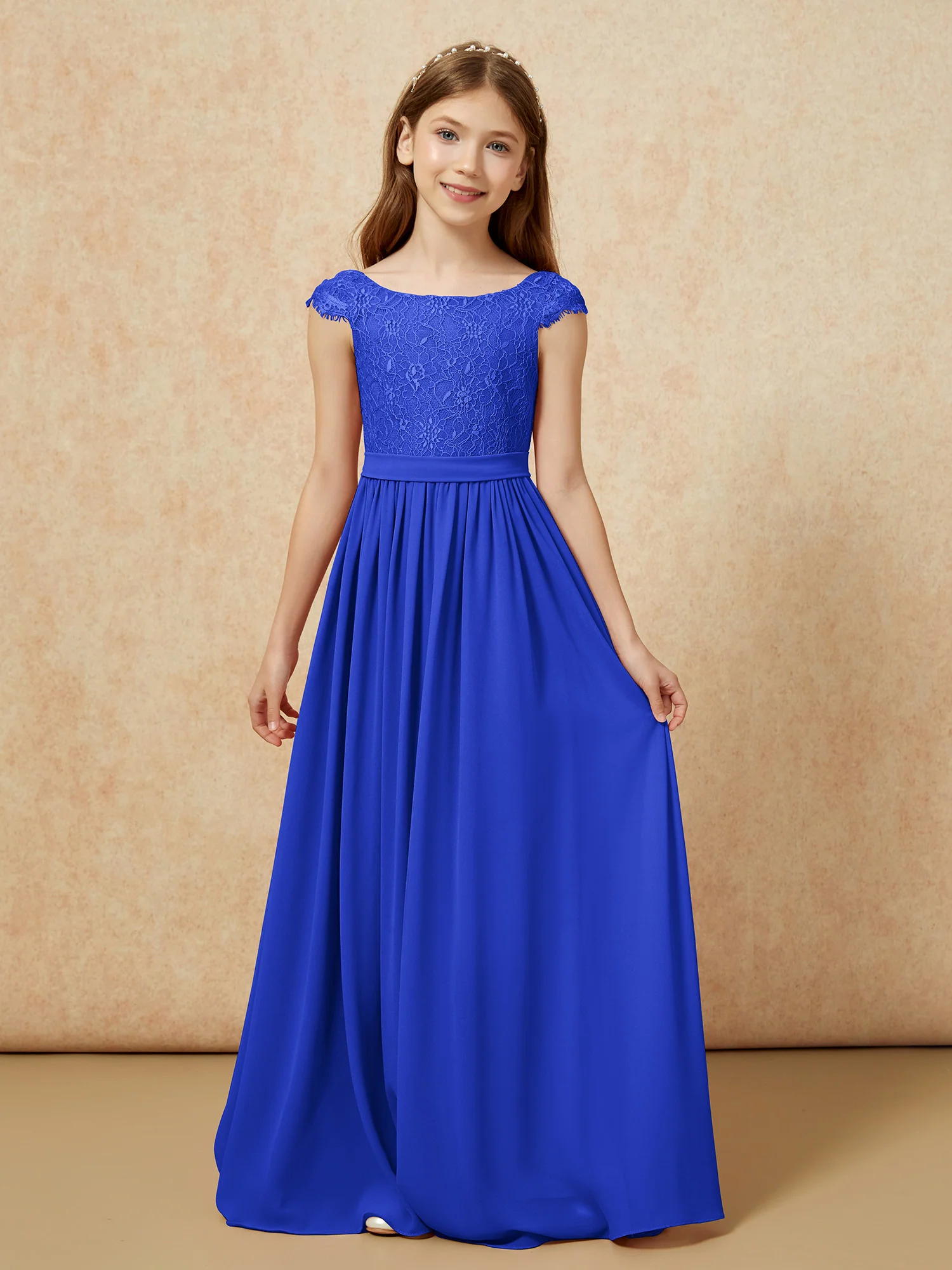 Cap Sleeve Lace Chiffon Junior Bridesmaid Dresses Royal Blue