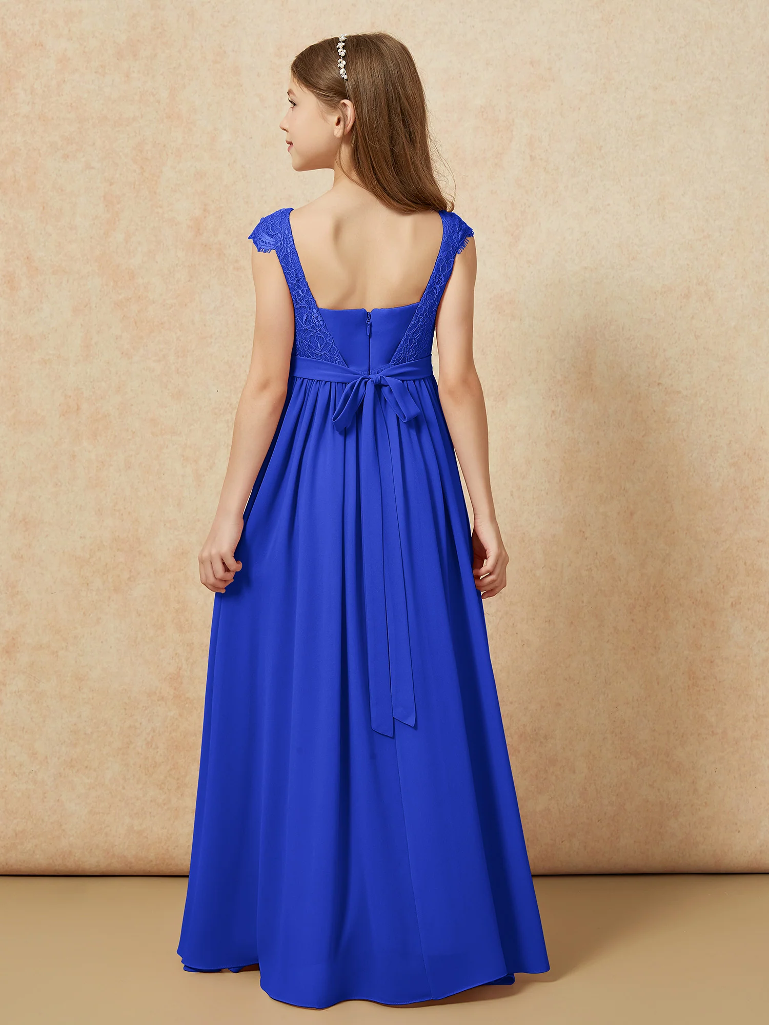 Cap Sleeve Lace Chiffon Junior Bridesmaid Dresses Royal Blue - Image 2