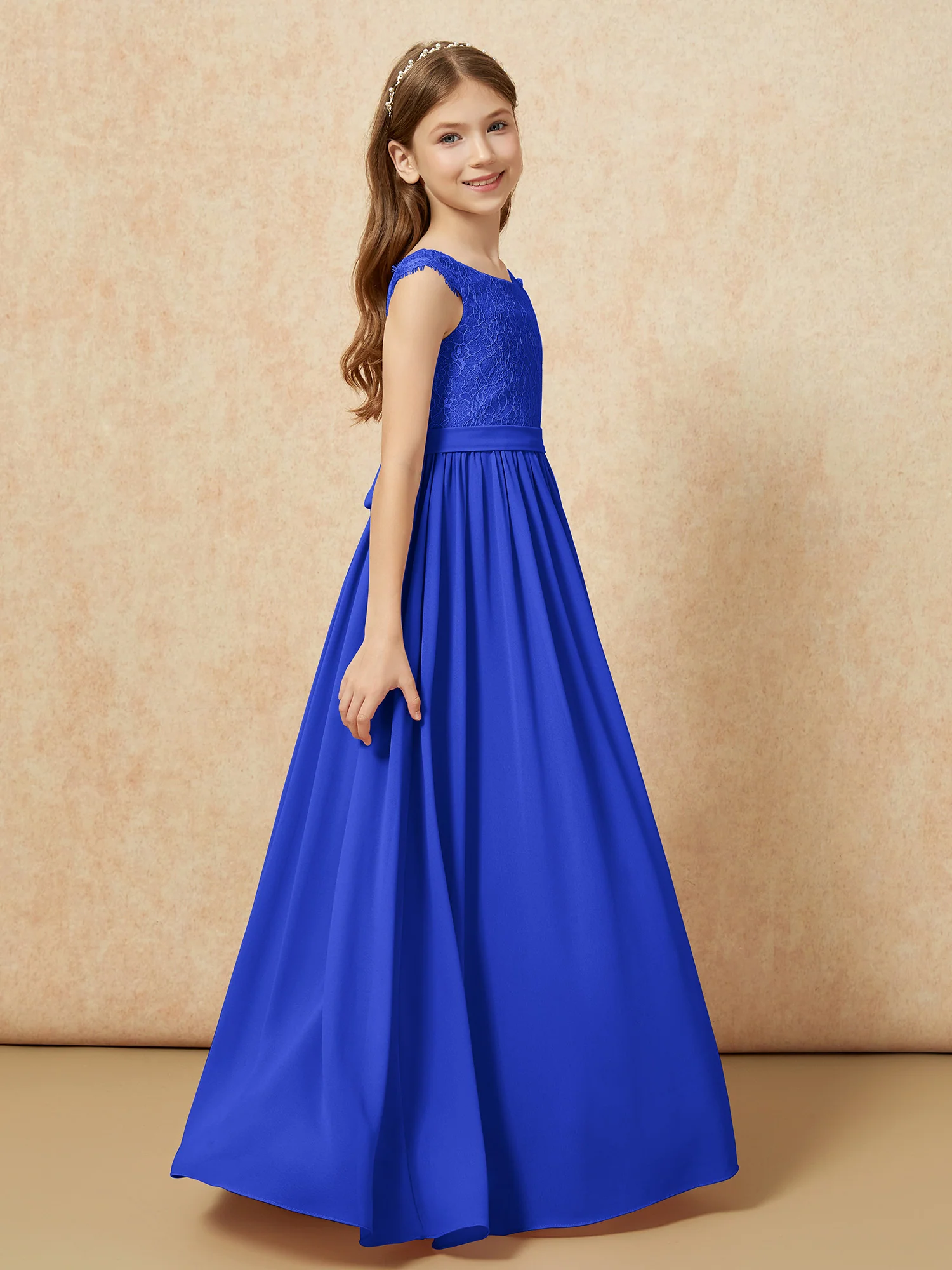 Cap Sleeve Lace Chiffon Junior Bridesmaid Dresses Royal Blue - Image 3