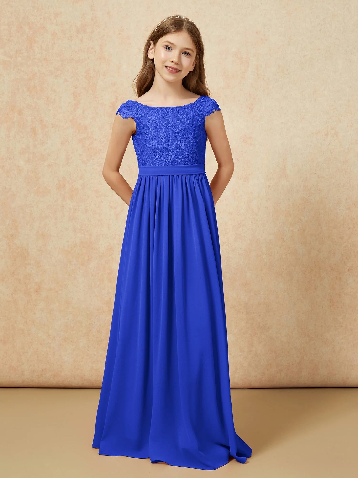Cap Sleeve Lace Chiffon Junior Bridesmaid Dresses Royal Blue - Image 4