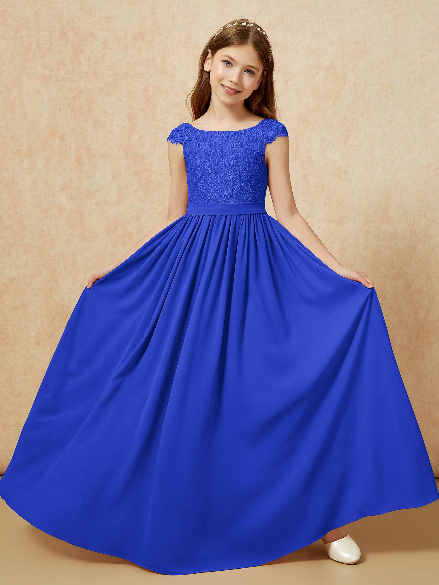 Cap Sleeve Lace Chiffon Junior Bridesmaid Dresses Royal Blue - Image 5