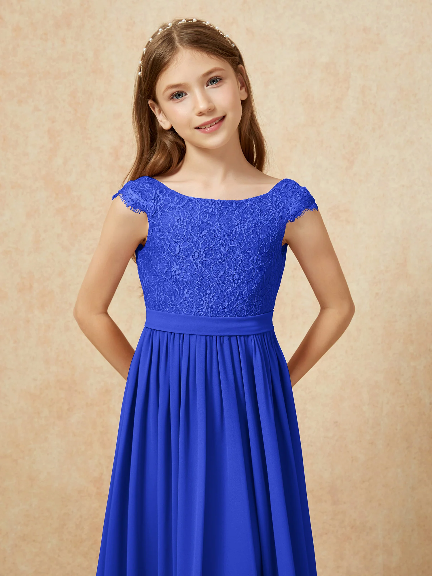 Cap Sleeve Lace Chiffon Junior Bridesmaid Dresses Royal Blue - Image 6