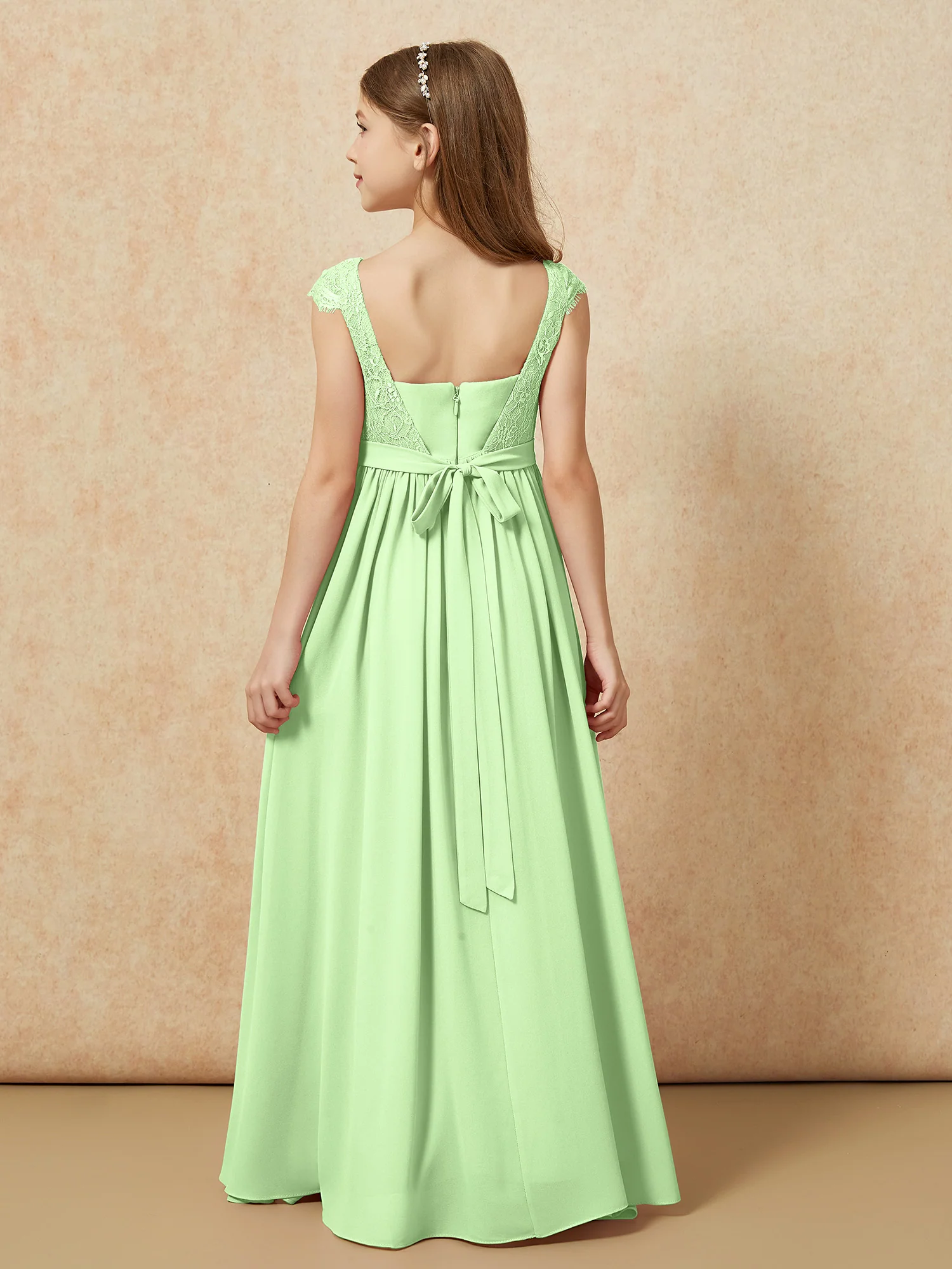 Cap Sleeve Lace Chiffon Junior Bridesmaid Dresses Sage - Image 2