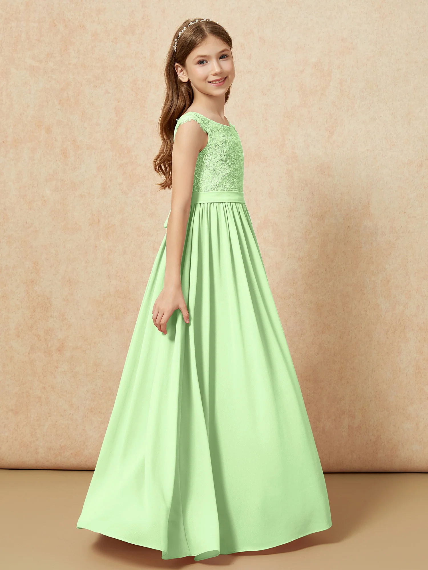 Cap Sleeve Lace Chiffon Junior Bridesmaid Dresses Sage - Image 3