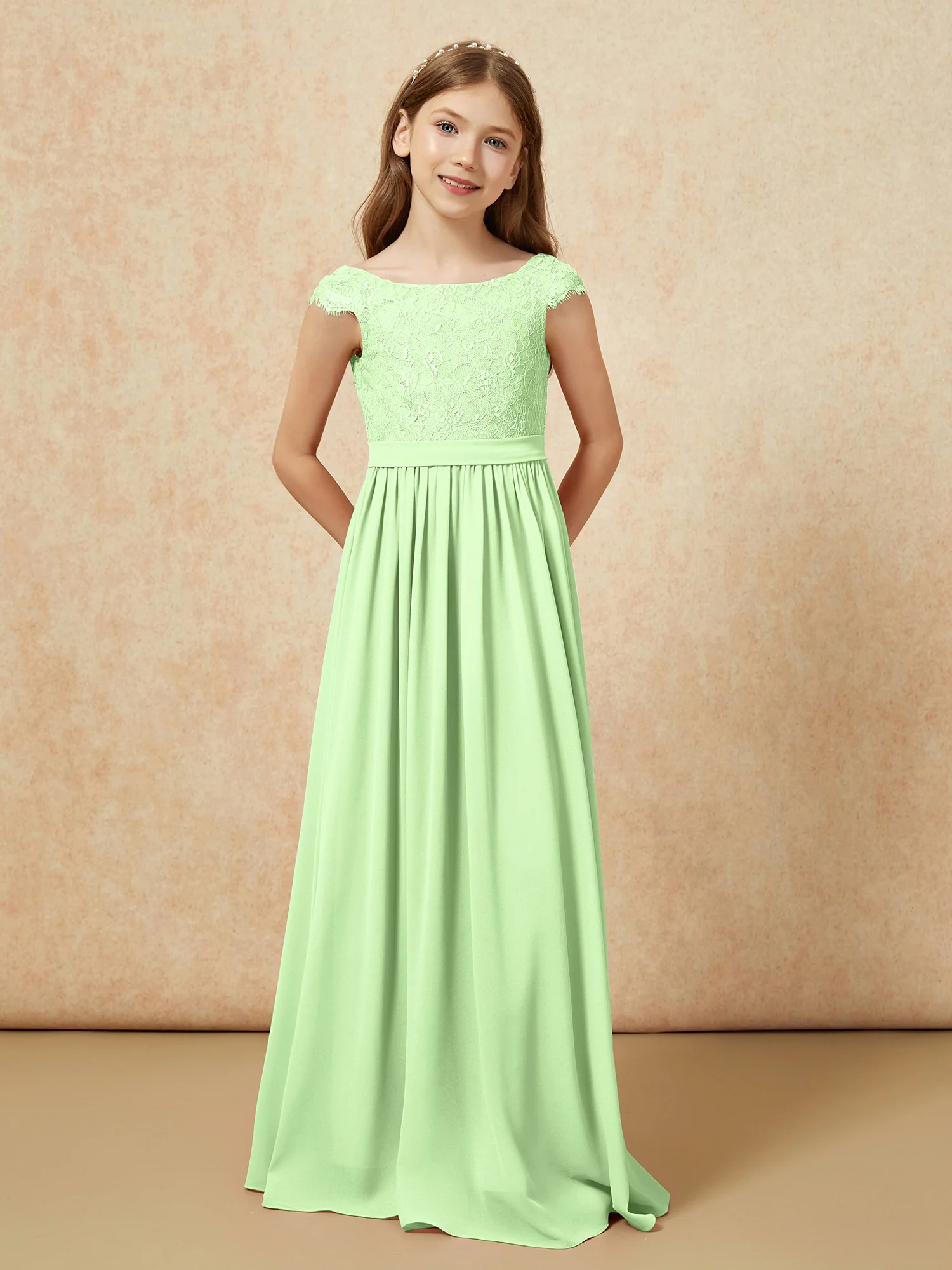 Cap Sleeve Lace Chiffon Junior Bridesmaid Dresses Sage - Image 4