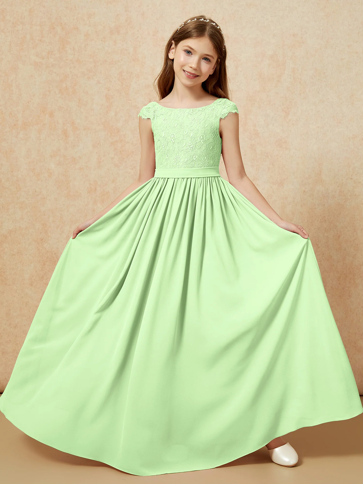 Cap Sleeve Lace Chiffon Junior Bridesmaid Dresses Sage - Image 5
