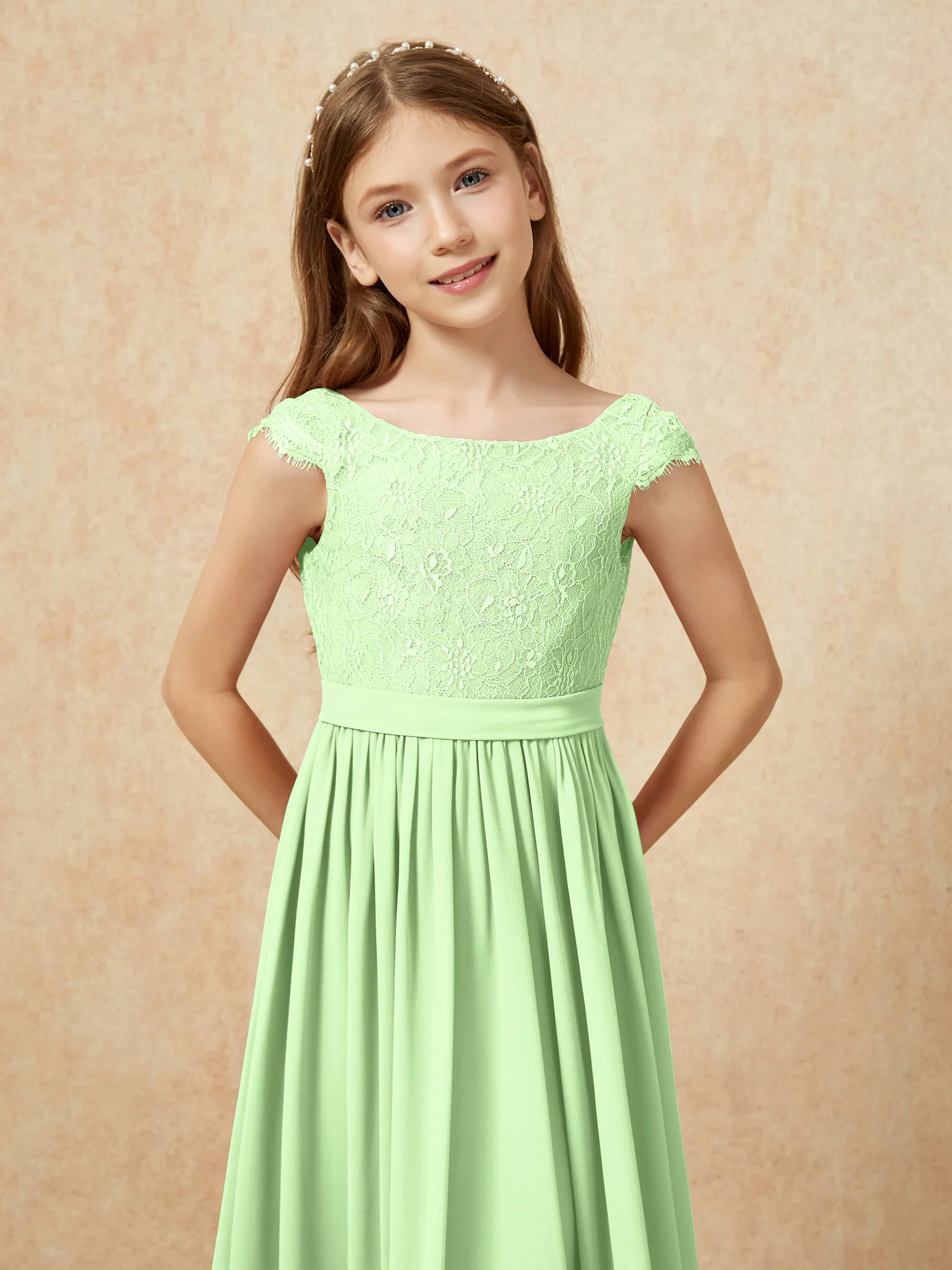 Cap Sleeve Lace Chiffon Junior Bridesmaid Dresses Sage - Image 6