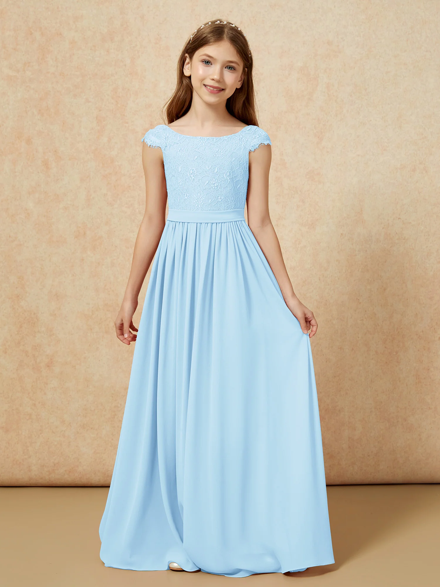 Cap Sleeve Lace Chiffon Junior Bridesmaid Dresses Sky Blue