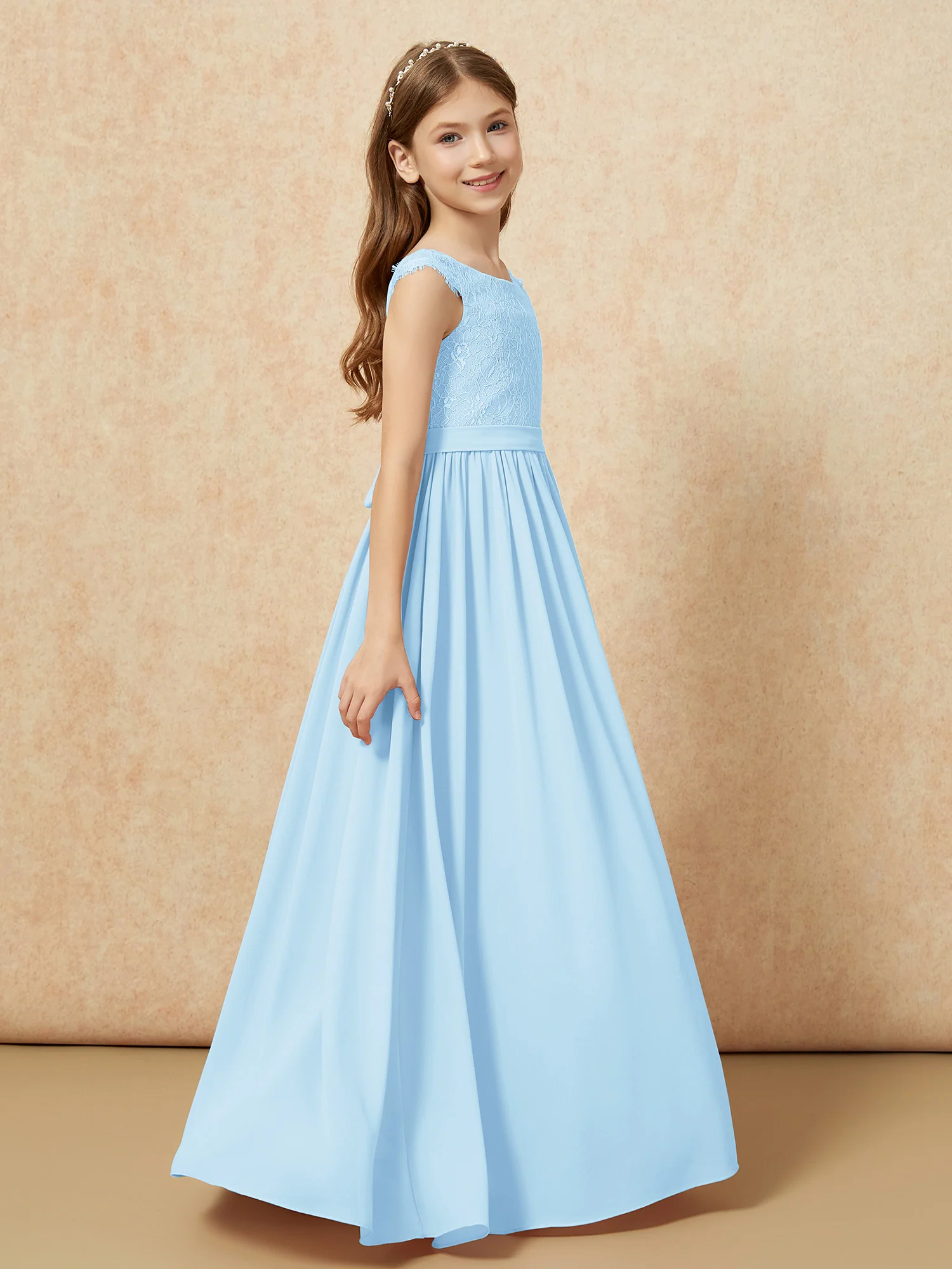 Cap Sleeve Lace Chiffon Junior Bridesmaid Dresses Sky Blue - Image 3
