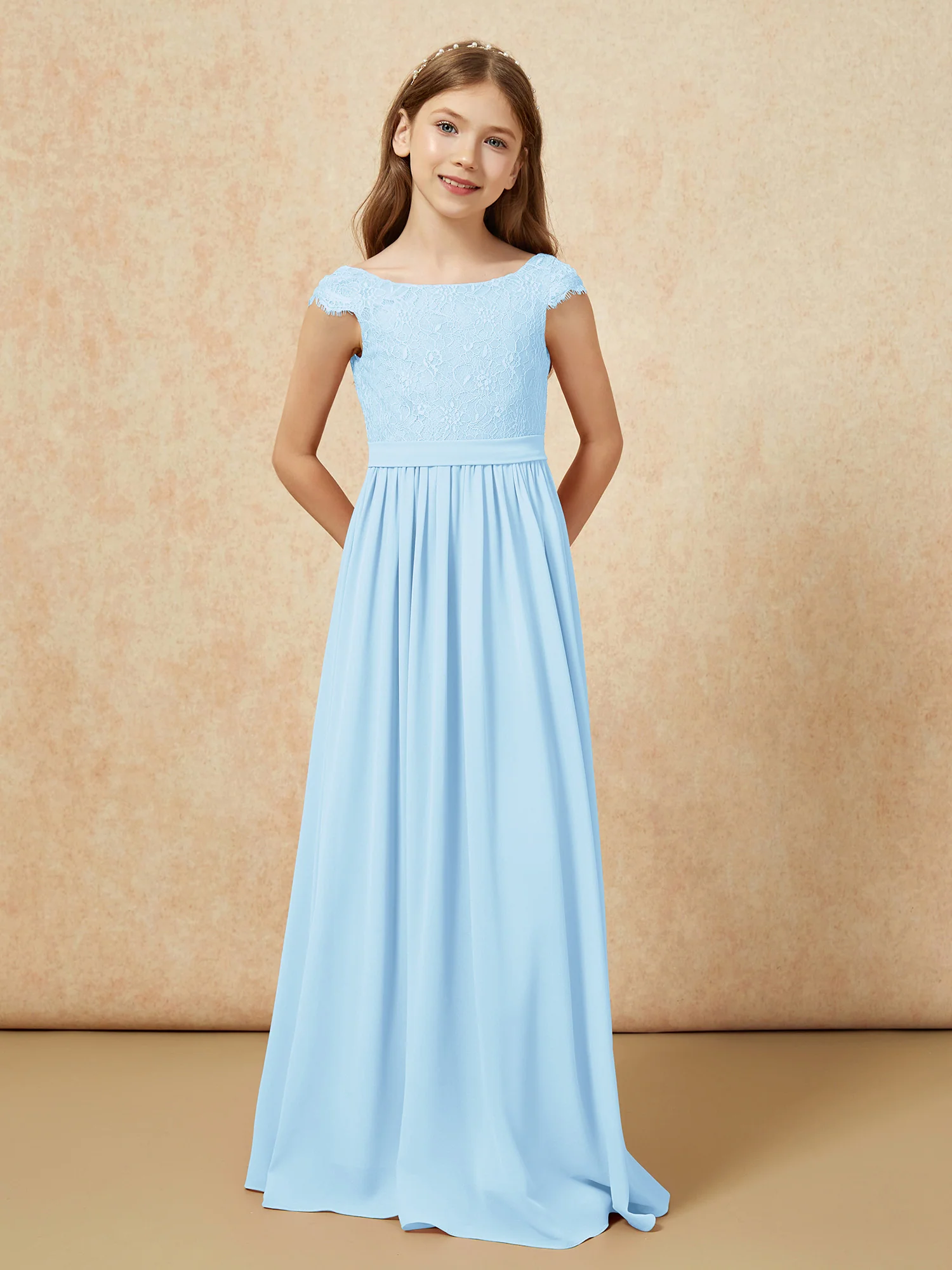 Cap Sleeve Lace Chiffon Junior Bridesmaid Dresses Sky Blue - Image 4