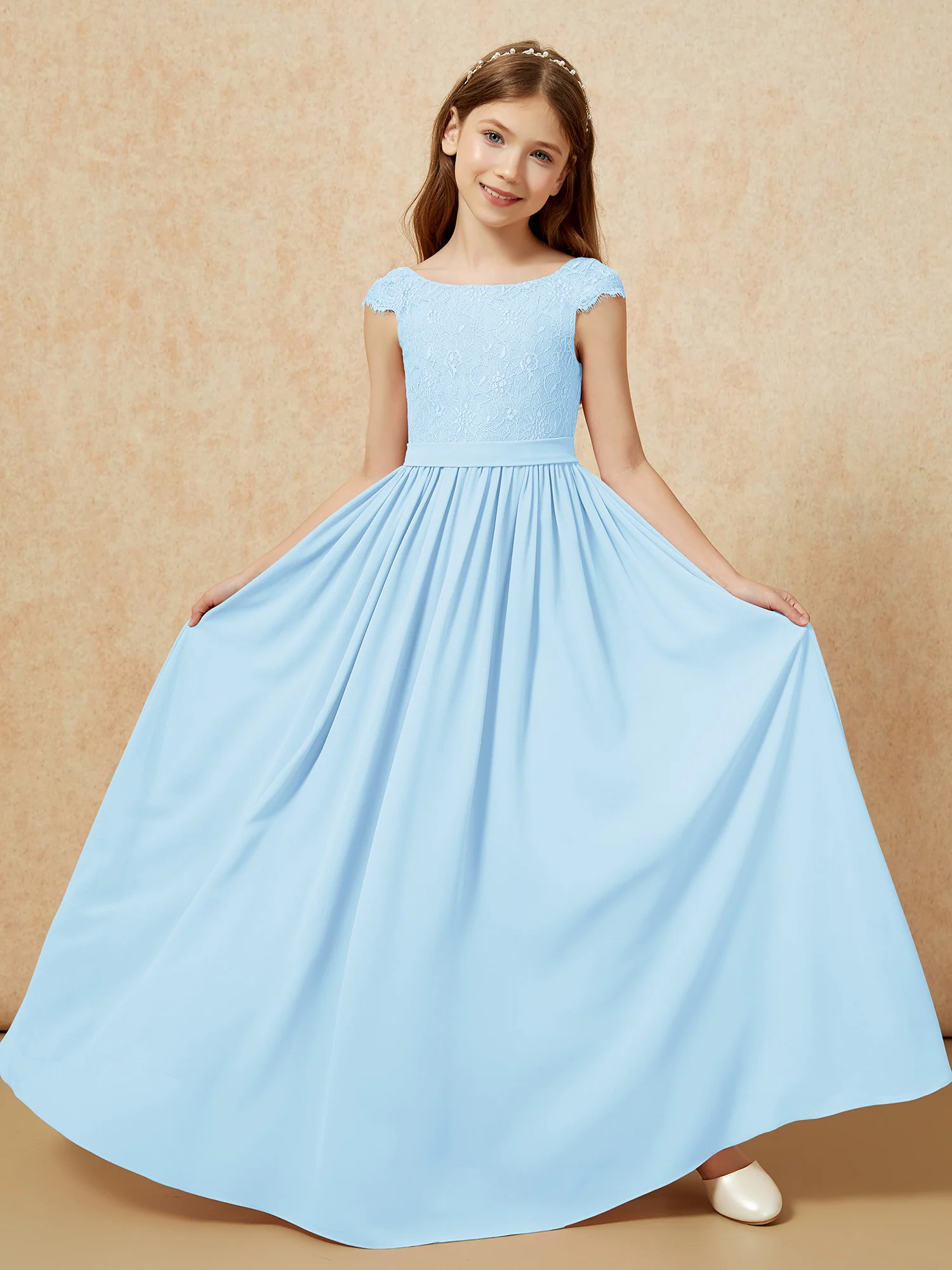 Cap Sleeve Lace Chiffon Junior Bridesmaid Dresses Sky Blue - Image 5