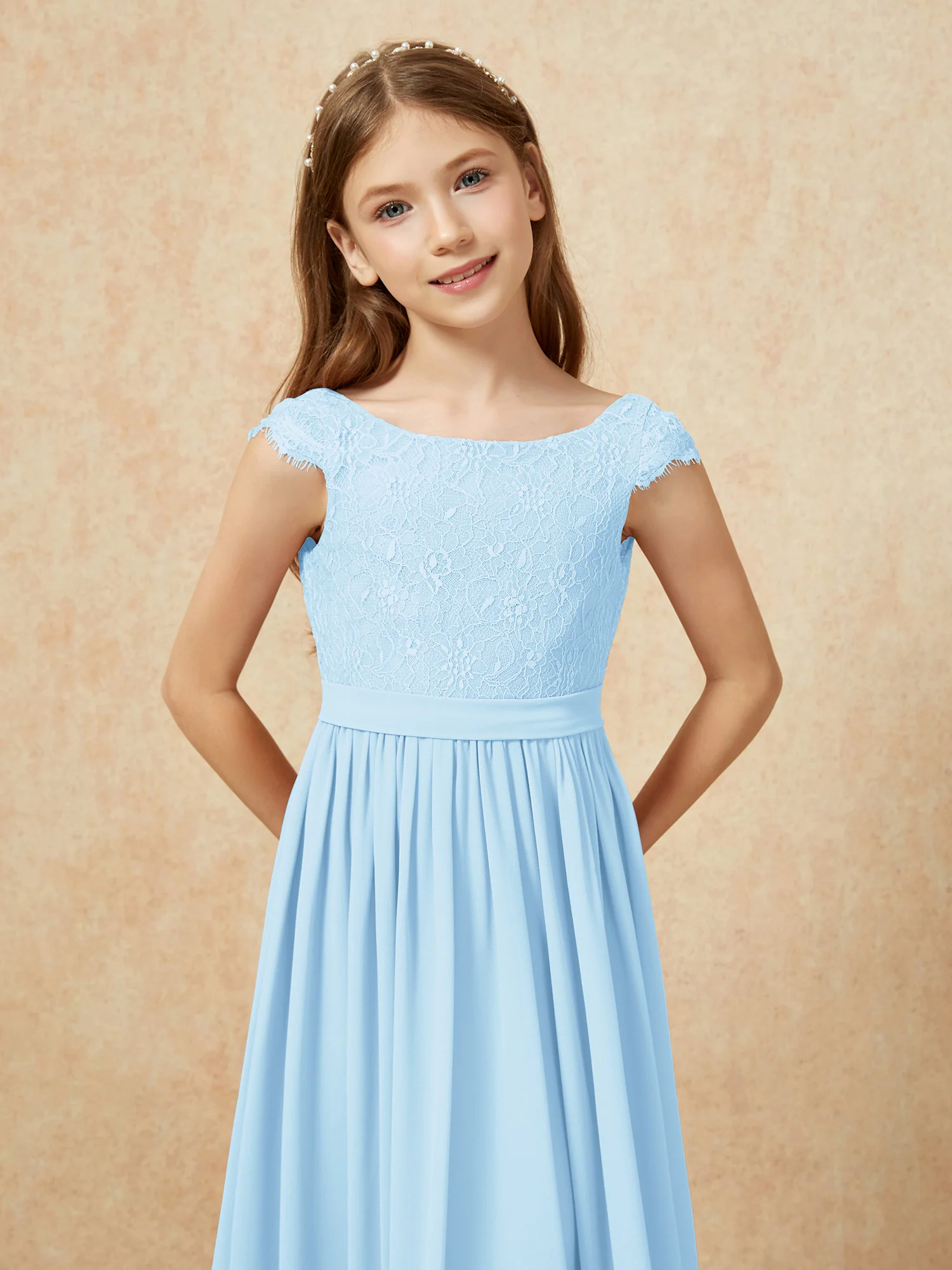 Cap Sleeve Lace Chiffon Junior Bridesmaid Dresses Sky Blue - Image 6