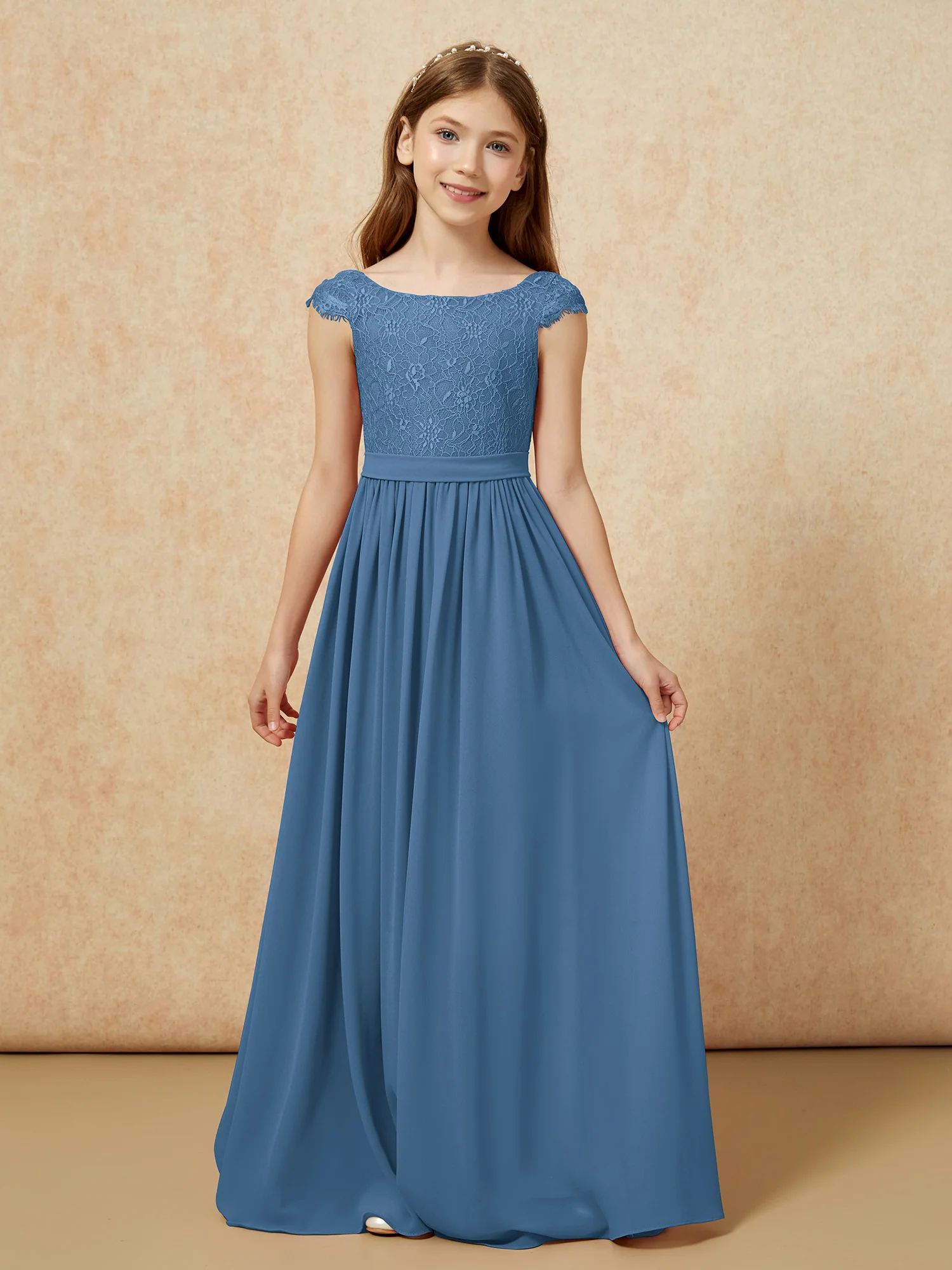 Cap Sleeve Lace Chiffon Junior Bridesmaid Dresses Slate Blue