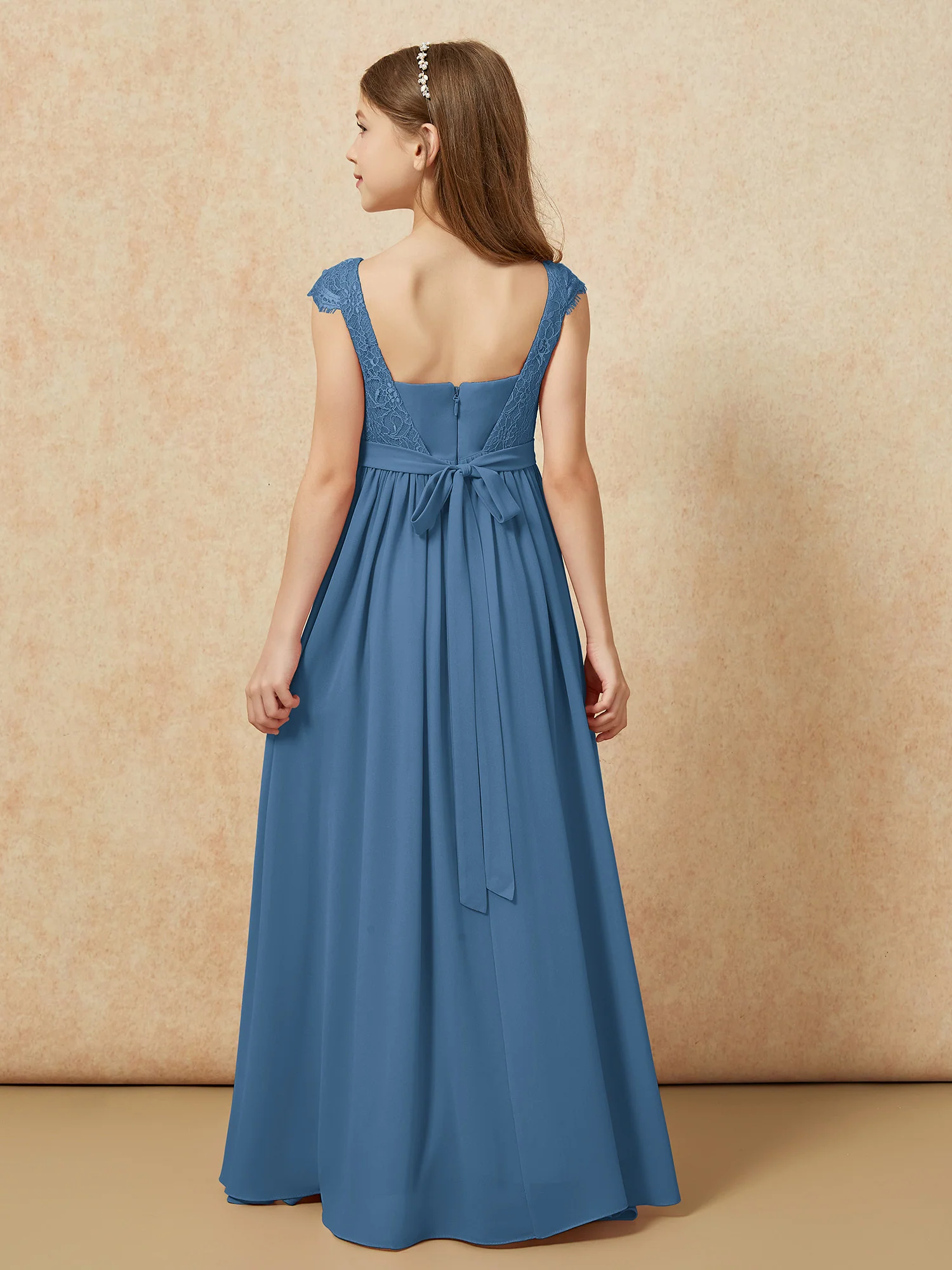 Cap Sleeve Lace Chiffon Junior Bridesmaid Dresses Slate Blue - Image 2