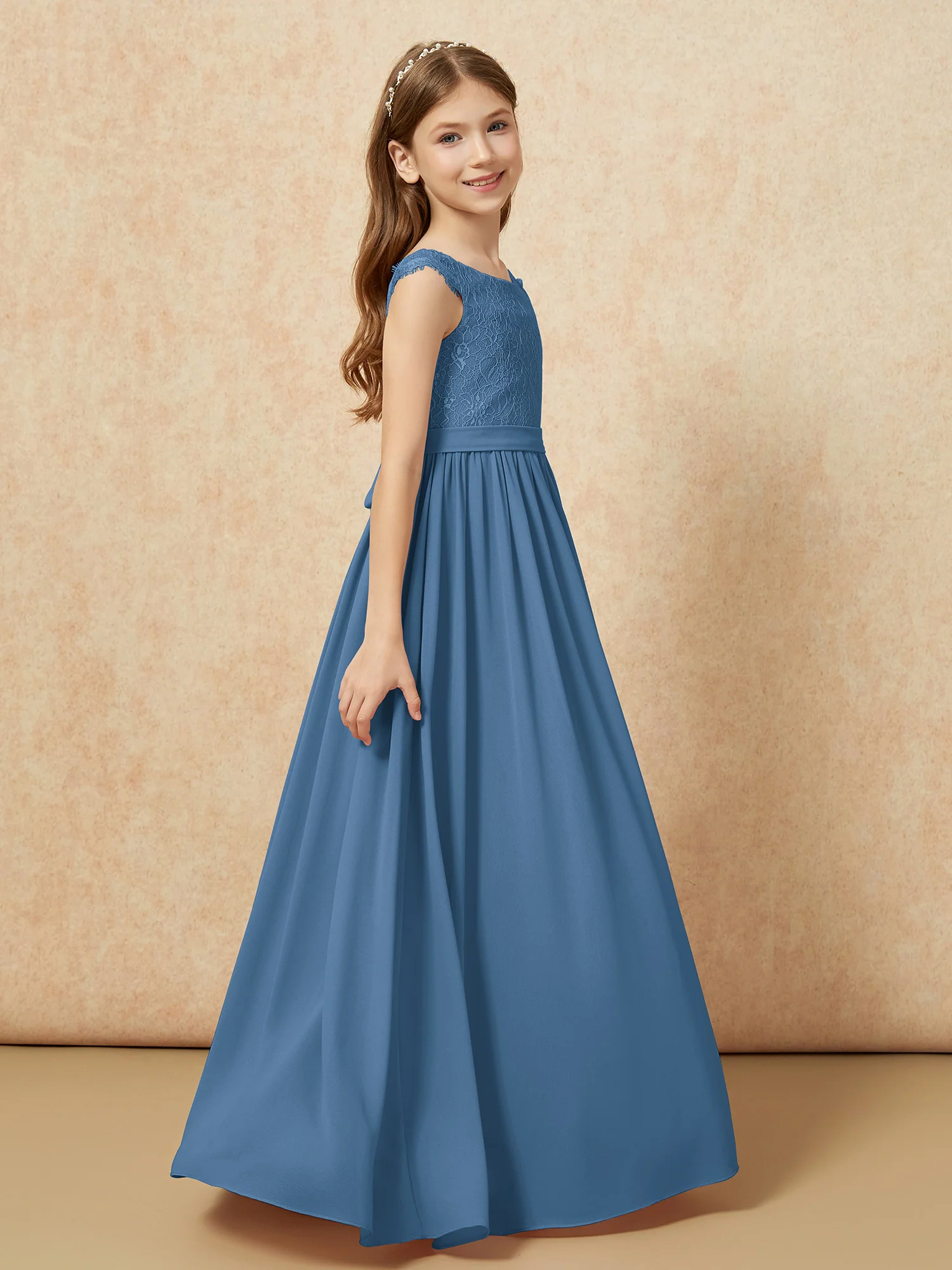 Cap Sleeve Lace Chiffon Junior Bridesmaid Dresses Slate Blue - Image 3