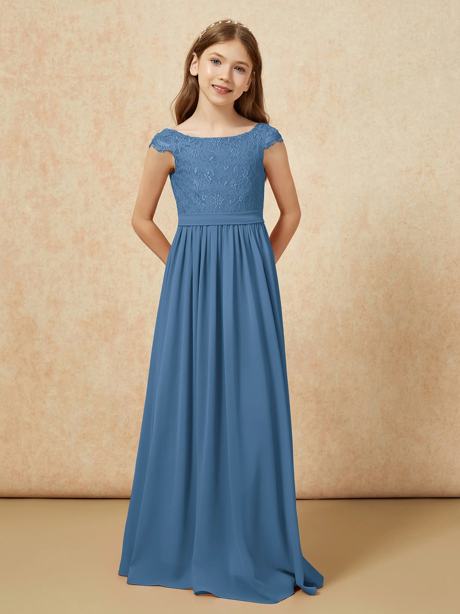 Cap Sleeve Lace Chiffon Junior Bridesmaid Dresses Slate Blue - Image 4