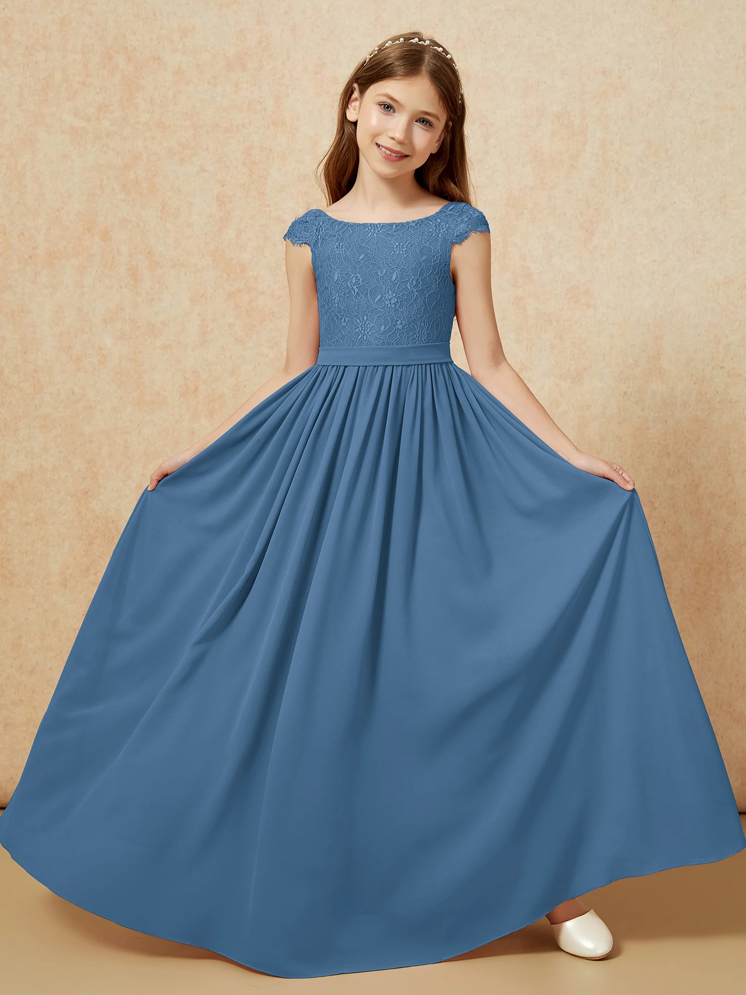 Cap Sleeve Lace Chiffon Junior Bridesmaid Dresses Slate Blue - Image 5