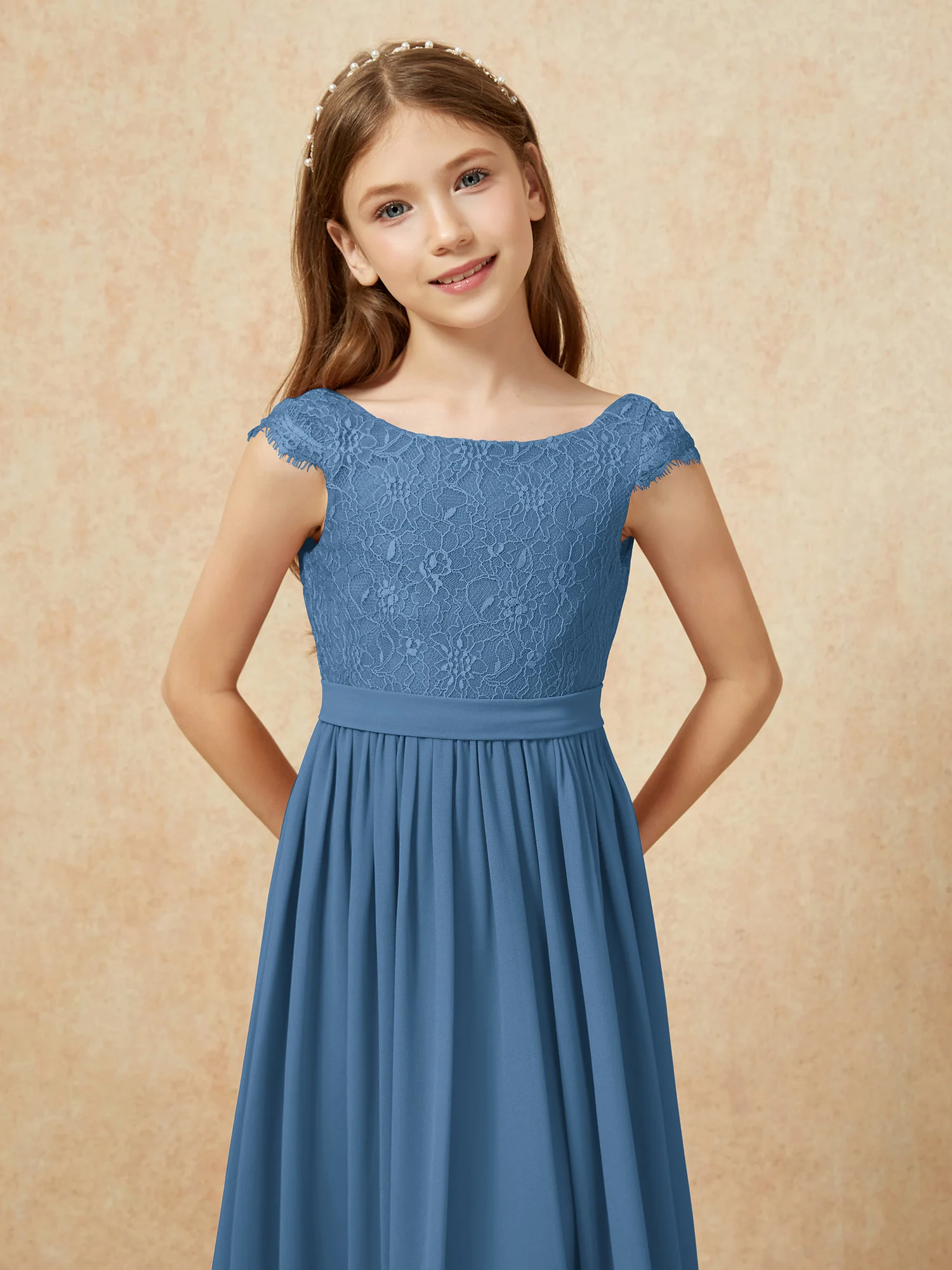 Cap Sleeve Lace Chiffon Junior Bridesmaid Dresses Slate Blue - Image 6