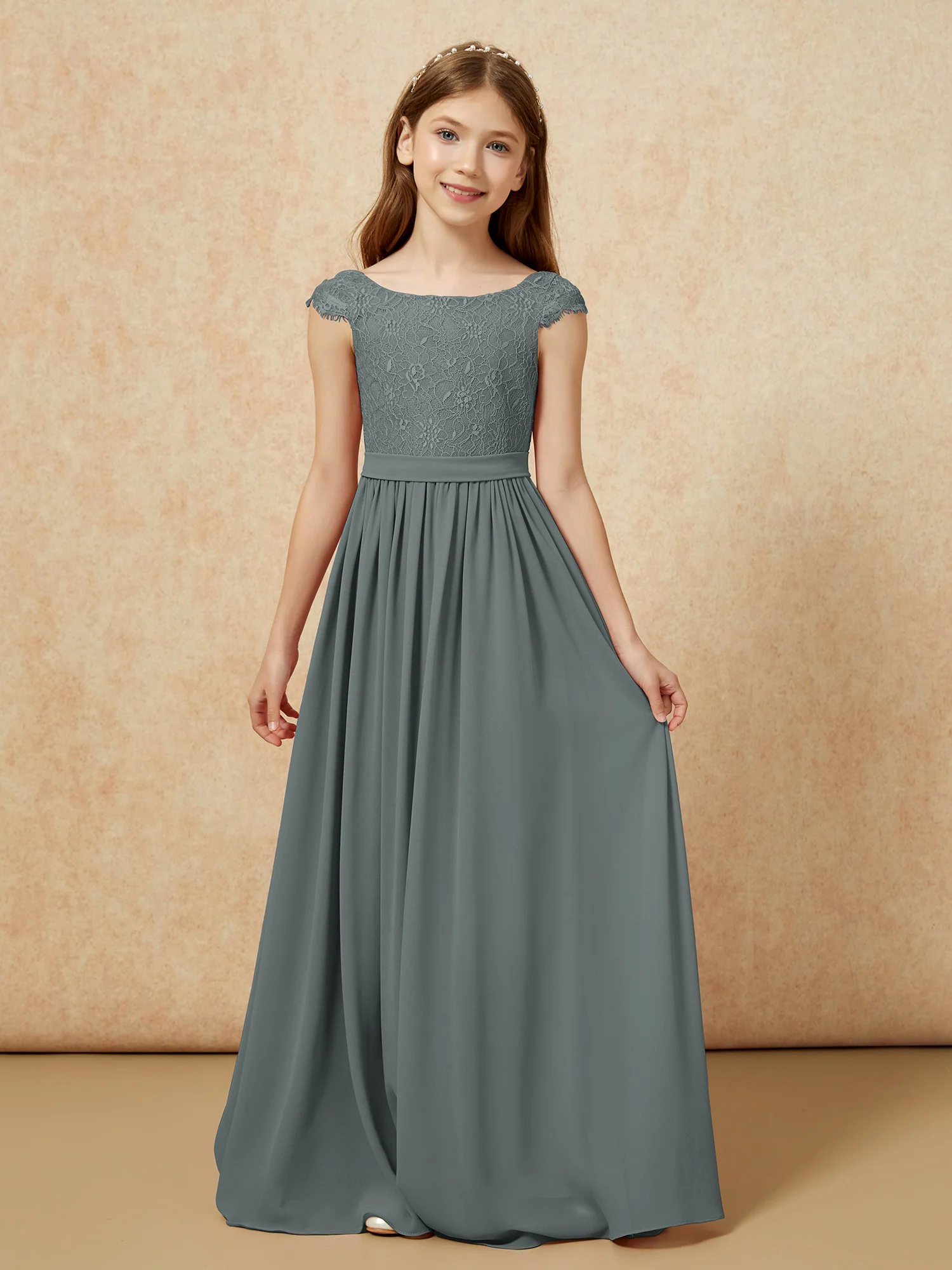 Cap Sleeve Lace Chiffon Junior Bridesmaid Dresses Steel Grey