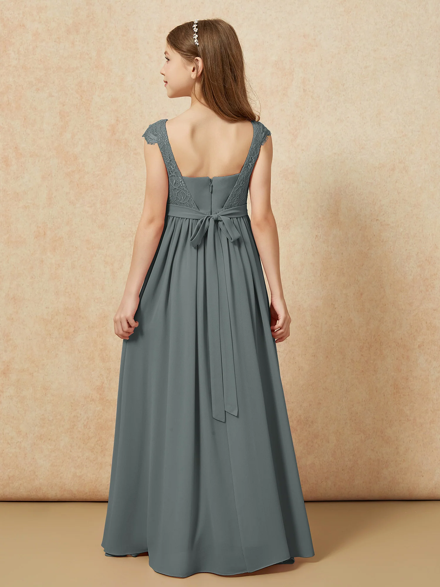 Cap Sleeve Lace Chiffon Junior Bridesmaid Dresses Steel Grey - Image 2