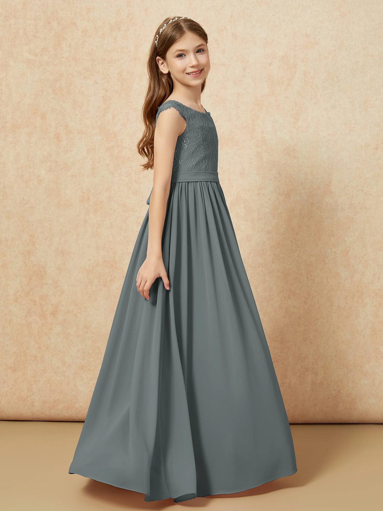 Cap Sleeve Lace Chiffon Junior Bridesmaid Dresses Steel Grey - Image 3
