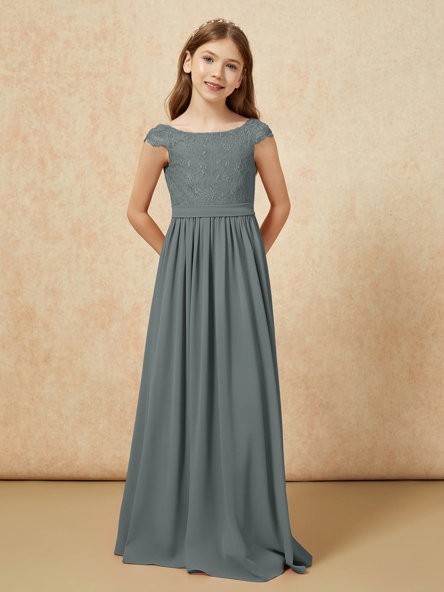 Cap Sleeve Lace Chiffon Junior Bridesmaid Dresses Steel Grey - Image 4